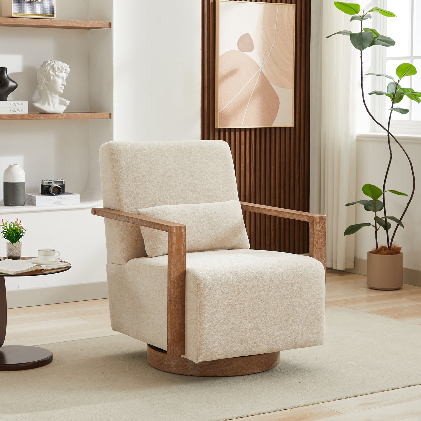 29.72"W Swivel Modern Upholstered Accent Chair with Solid Wood Armrests and 360 Degree Comfy Lounge Reading Chair, Side Armchair for Hotel, Bedroom, Living Room, Office, and Nursery Room. Beige