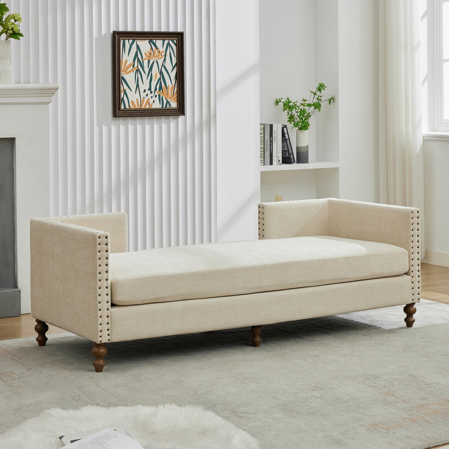 75" Beige Chenille Chaise Lounge with Nailheads - Sleeper Sofa Couch for Living Room
