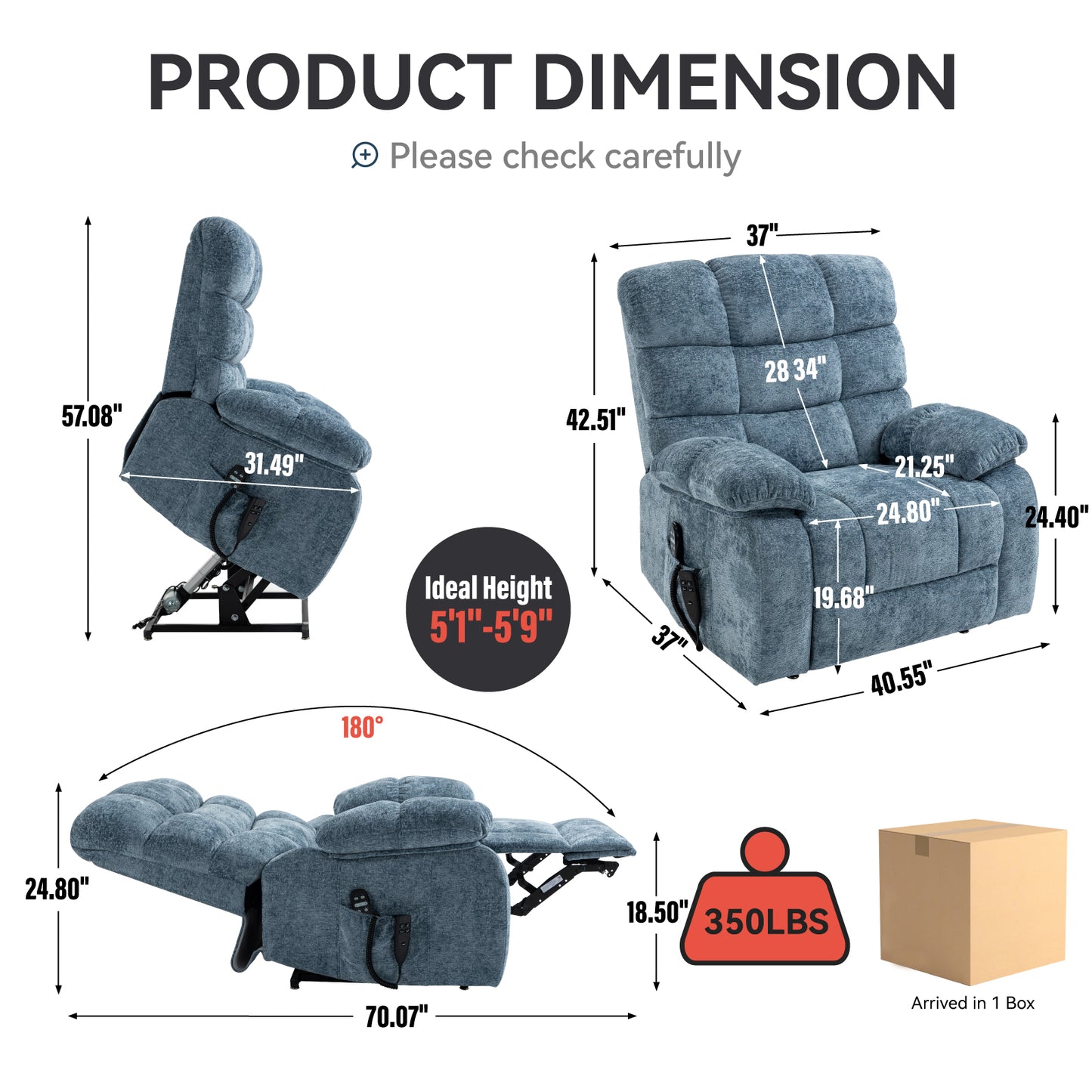 Oversized Blue Recliner Chair - Power Lift Massage