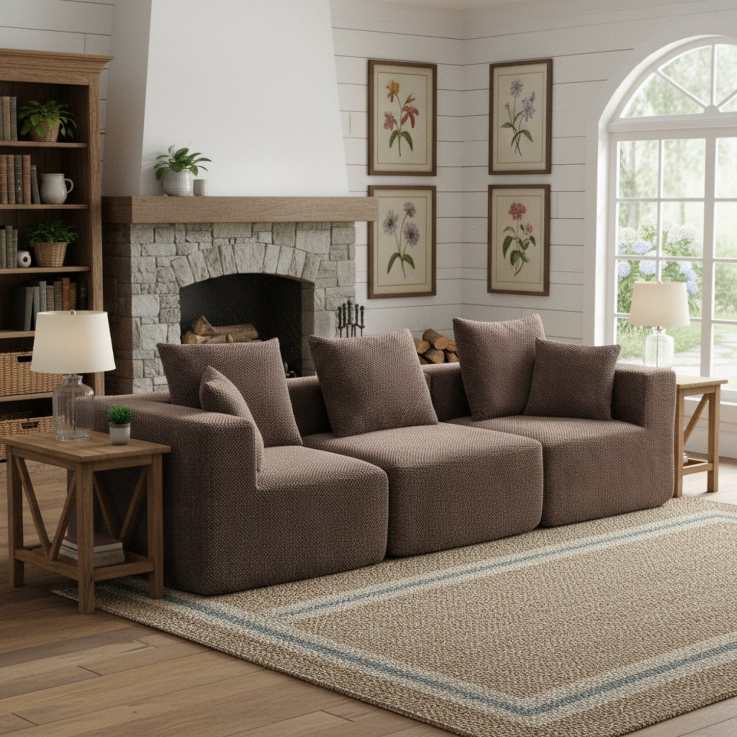 Oversized Modular Deep-Seat Sofa, 3-Piece All-Foam Sectional Couch in Soft Textured Fabric, Tool-Free Assembly, Apartment-Friendly Low Profile, 111" × 37" × 23.6"-Brown