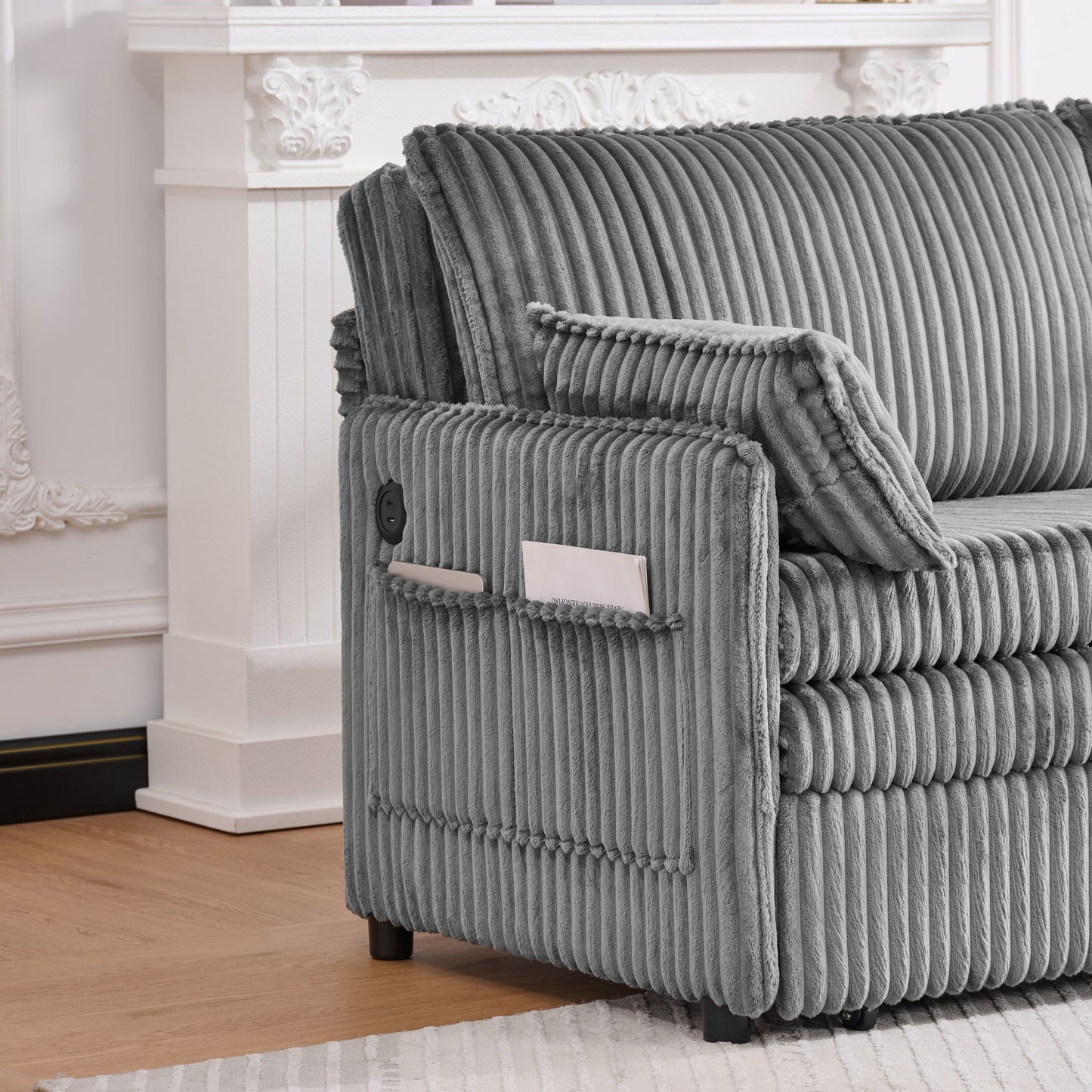 73" Grey Corduroy Sofa Bed - Pull Out Bed, Apartment Living for Living Room