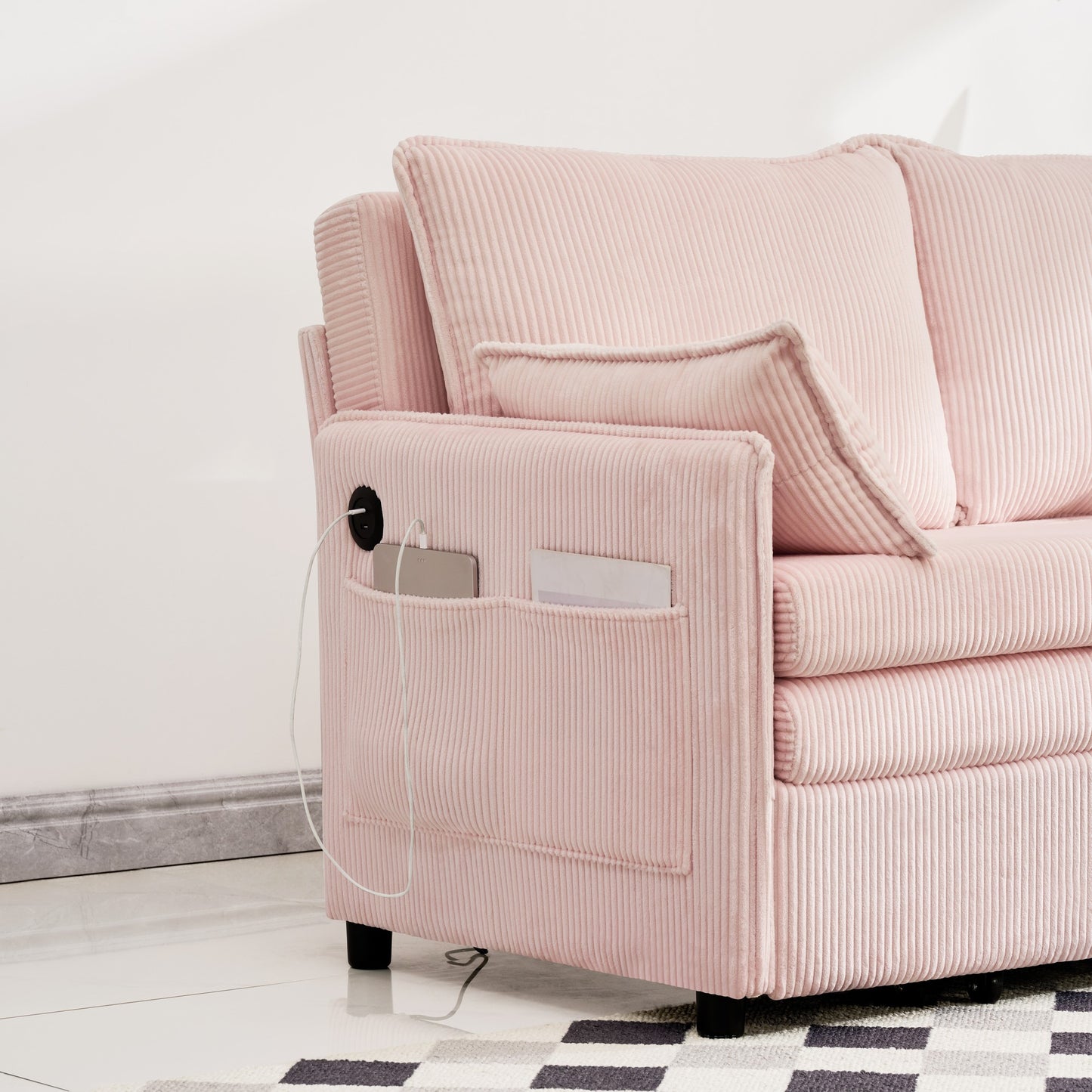 Pink Twin Sofa Bed with USB Ports - Modern Corduroy Couch for Living Room