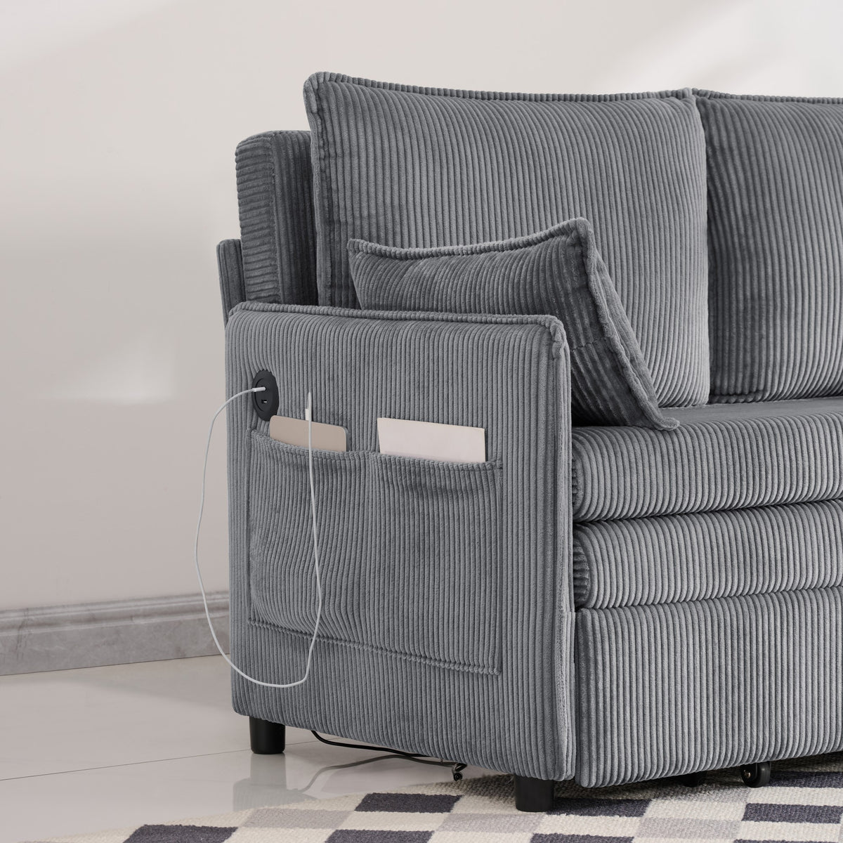 Modern Grey Twin Sofa Bed with Storage and USB Ports for Living Room