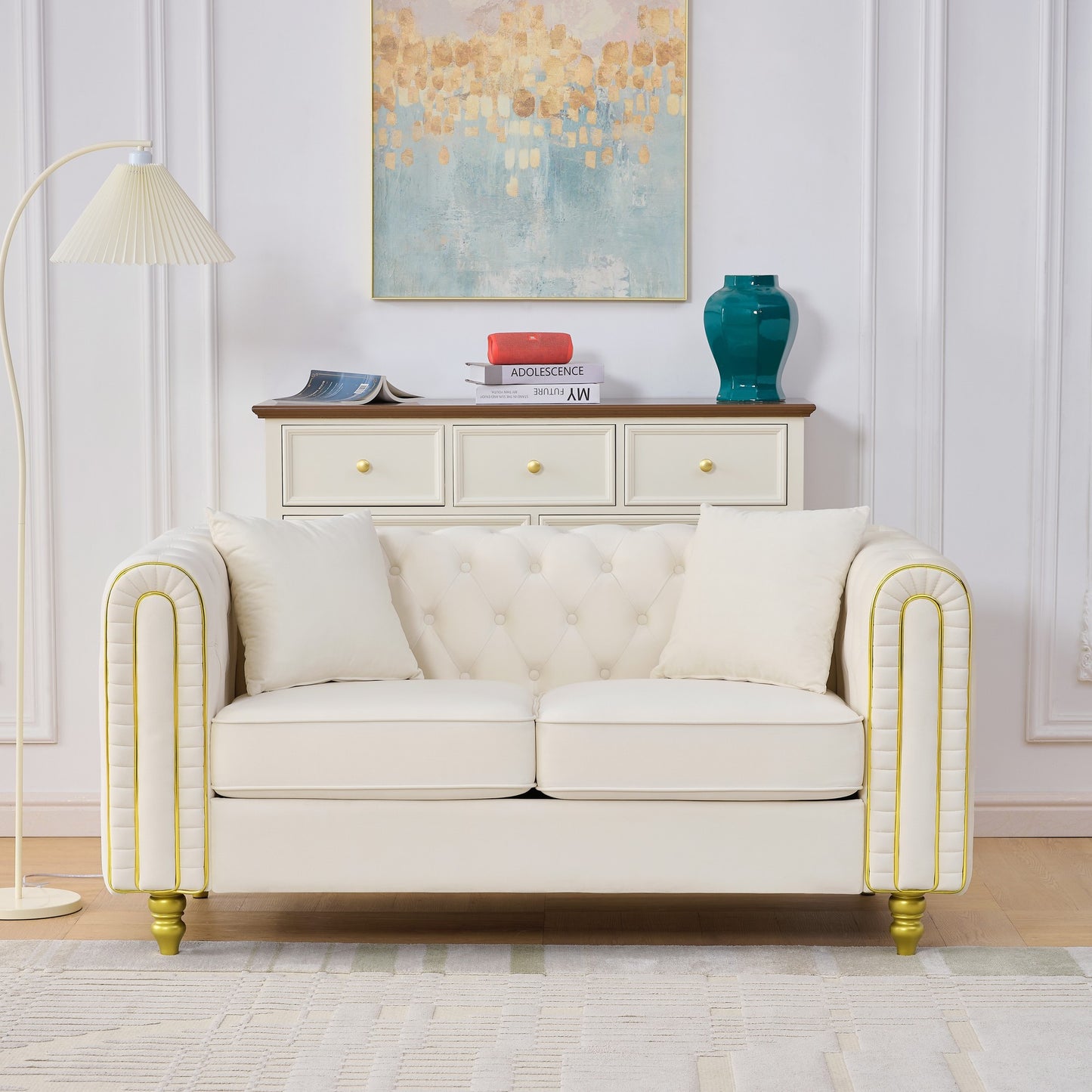 63" Modern Loveseat Sofa,2 Seater Couch Comfy Velvet Sofa Button Tufted Rolled Arms and Gold Legs,Chesterfield for Primary Living Space,Beige