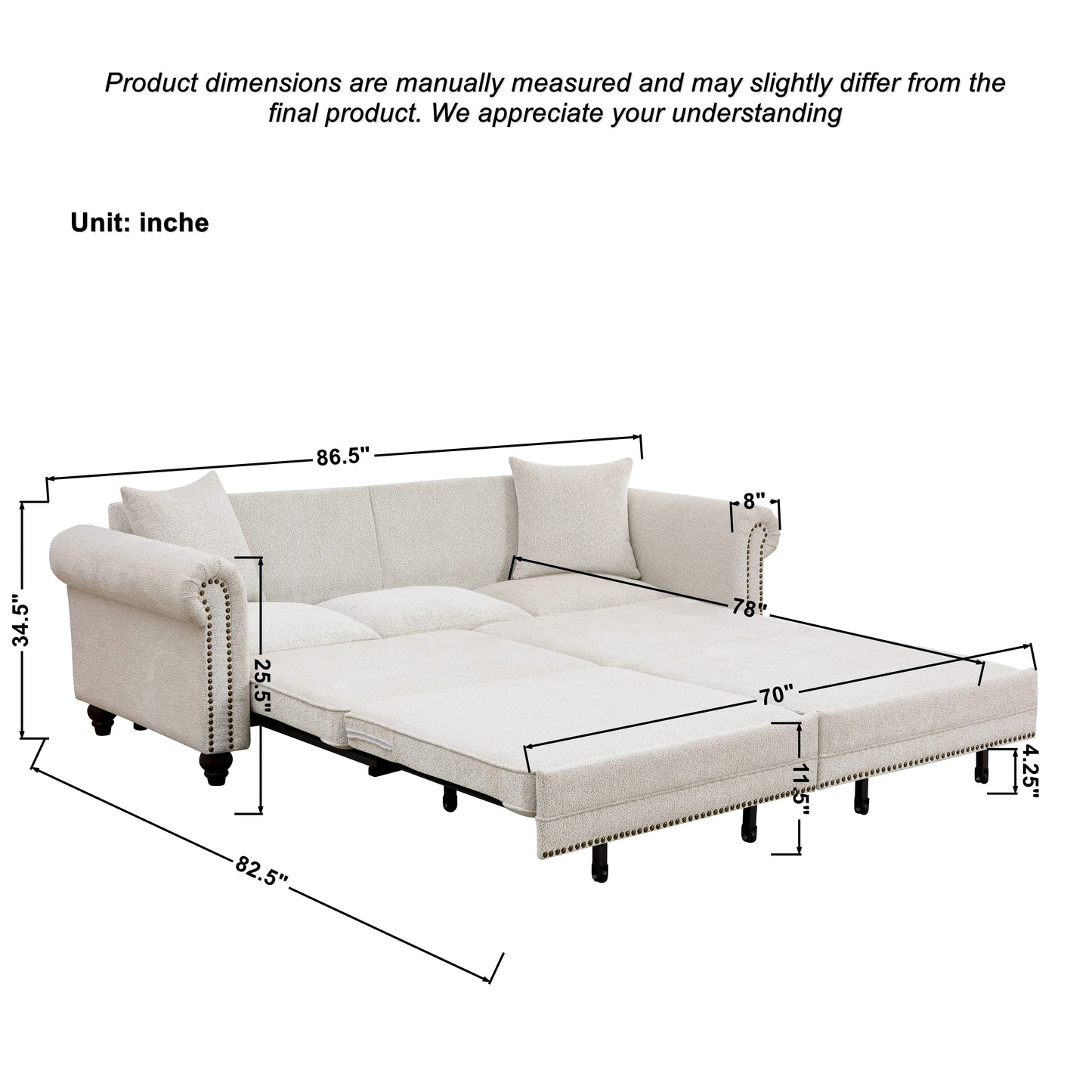 Living Room 86" King Pull Out Sofa Bed - Beige Chenille Sleeper, 3-in-1 Convertible