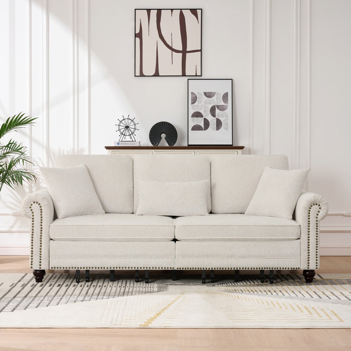 86" King Pull Out Sofa Bed, 3 in 1 Convertible Sleeper Sofa,Modern 3 Seat Couch with Nailhead Trim & Rolled Arm for Living Room, Apartment, Office, Beige Chenille