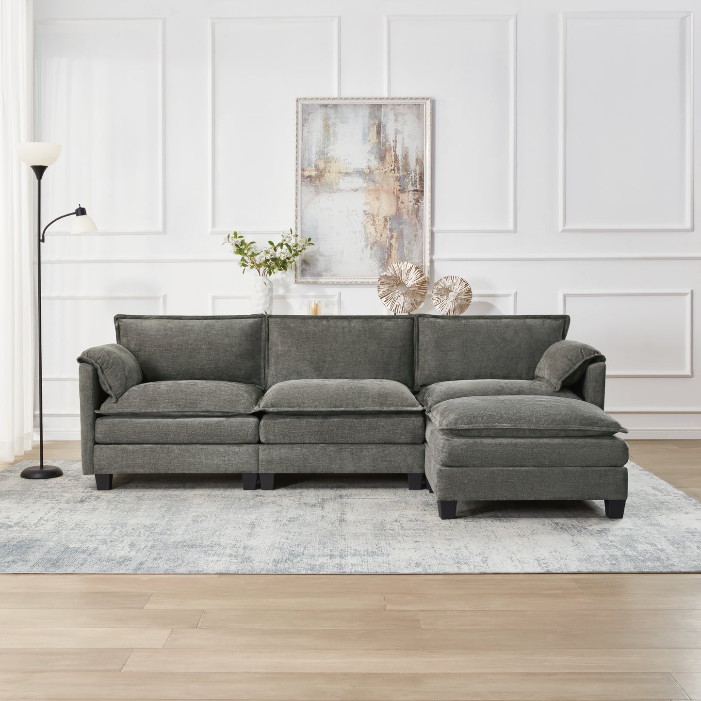 107-inch L-shaped sofa with cotton-linen velvet texture, corner sofa with storage function on the side, suitable for living room, office and spacious space,3 seats can be extended