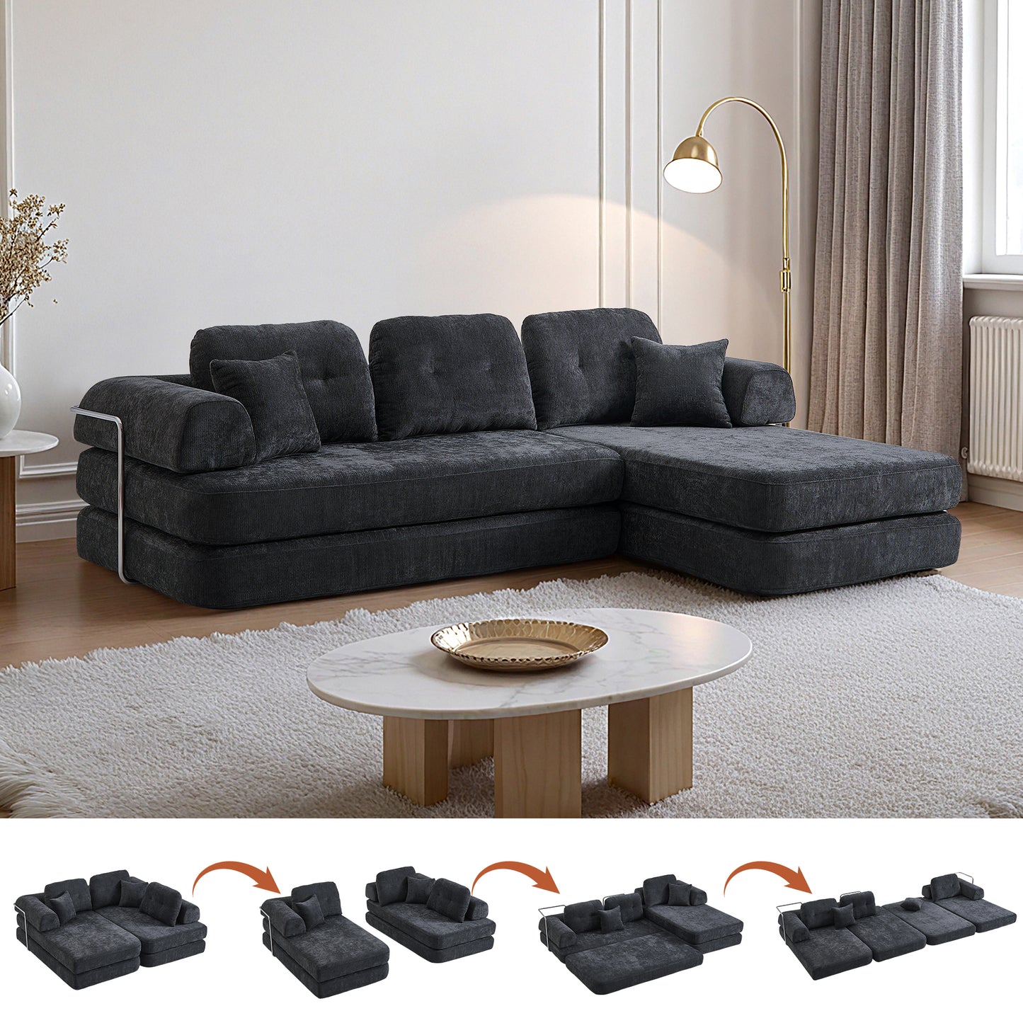 104" Boneless sofa,Sectional Compressed Couch with Chaise, Deep Seat Modular Sectional Sofa Chenille Memory Foam Sofa Boneless Couches for Living Room Bedroom, No Assembly Required