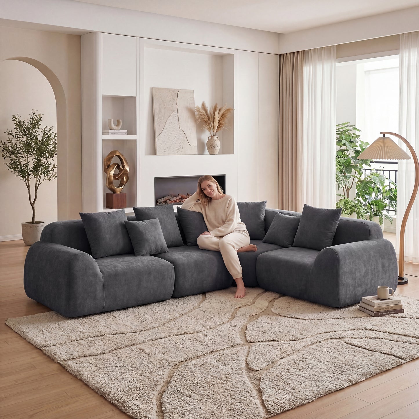 Oversized Cloud Velvet Curved Sectional Couch 118', Boneless Couch with L-Shape Chaise, Upholstered Compression Memory Foam Modular Sectional Sofa for Living Room, No Assembly Required