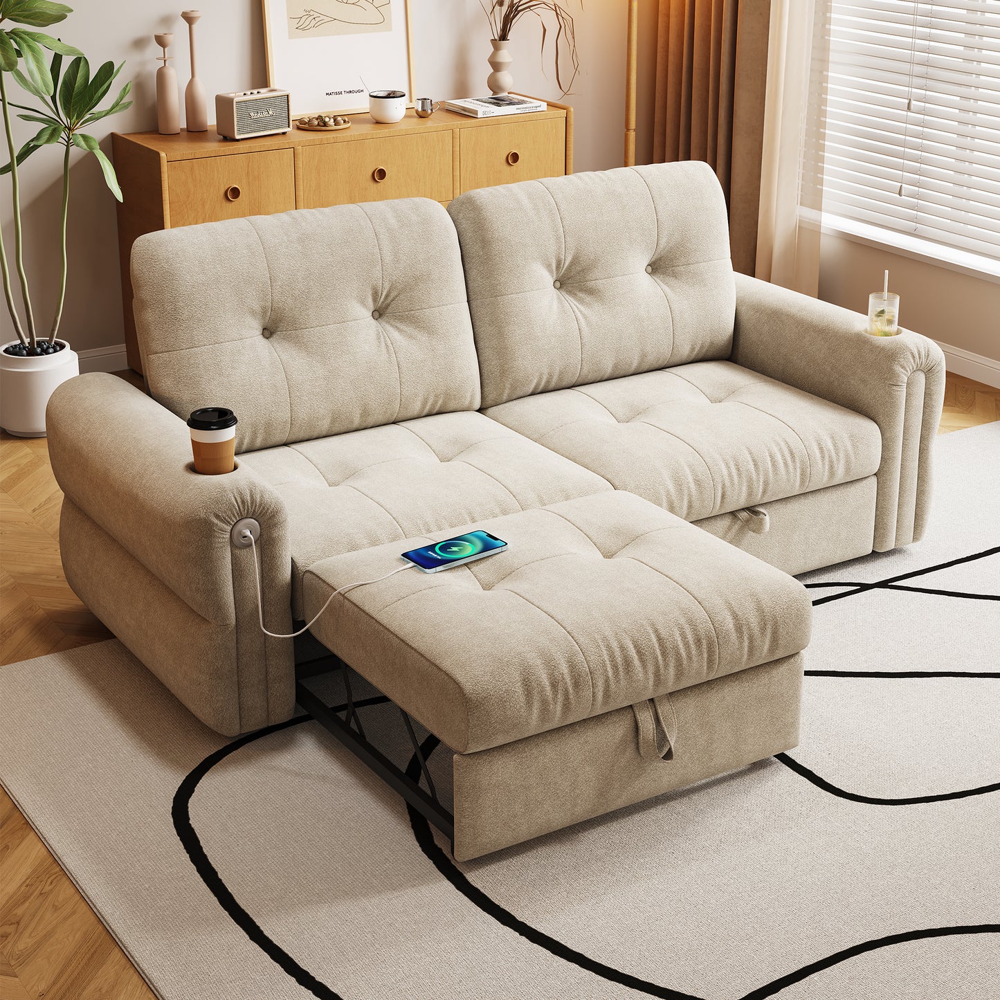 It is a multi-functional sofa, a 77-inch convertible sofa bed, and a 2-in-1 piece suitable for both sitting and lying down. Made of Chenille fabric, it is suitable for living rooms, bedrooms