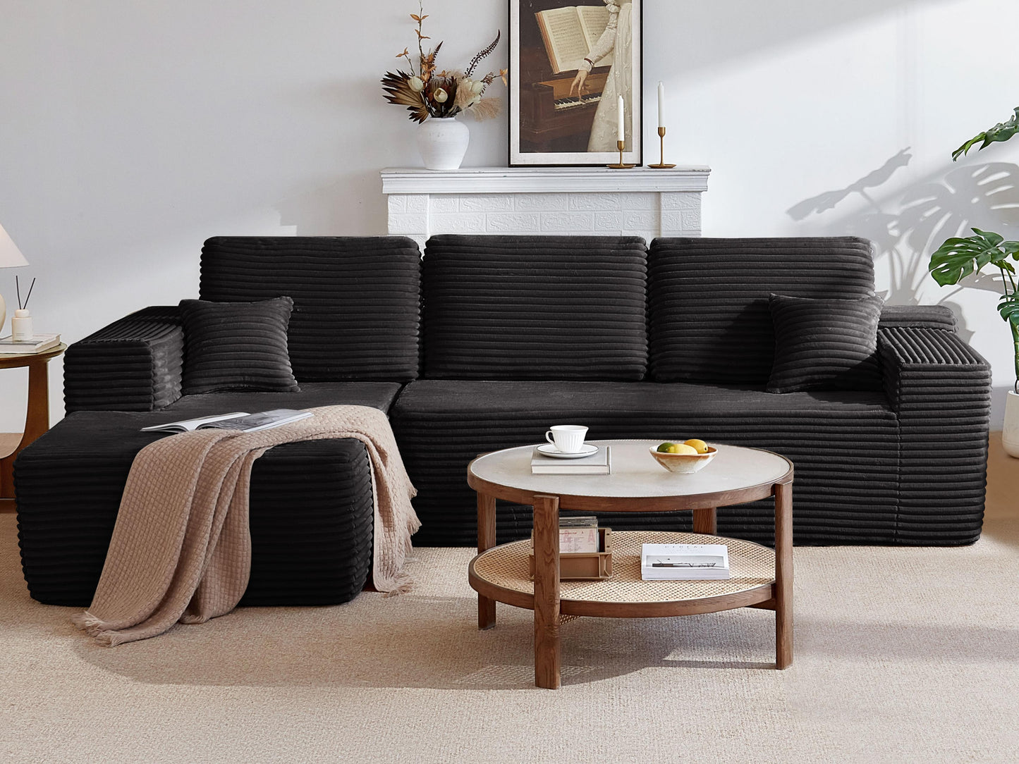 104" Cloud Sectional Sofa with L-Shape Chaise and Side Pockets , Modern Modular Design, Deep Seating, Upholstered Couch for Living Room/Bedroom, No Assembly Required (Plush Fabric), Black, Left-facing