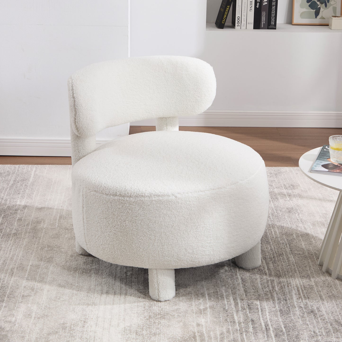 063-Teddy Fabric armless accent chair with curved backrest and solid wood legs upholstered chair slipper side chair for primary living space bedroom vanity room or reading room ,White