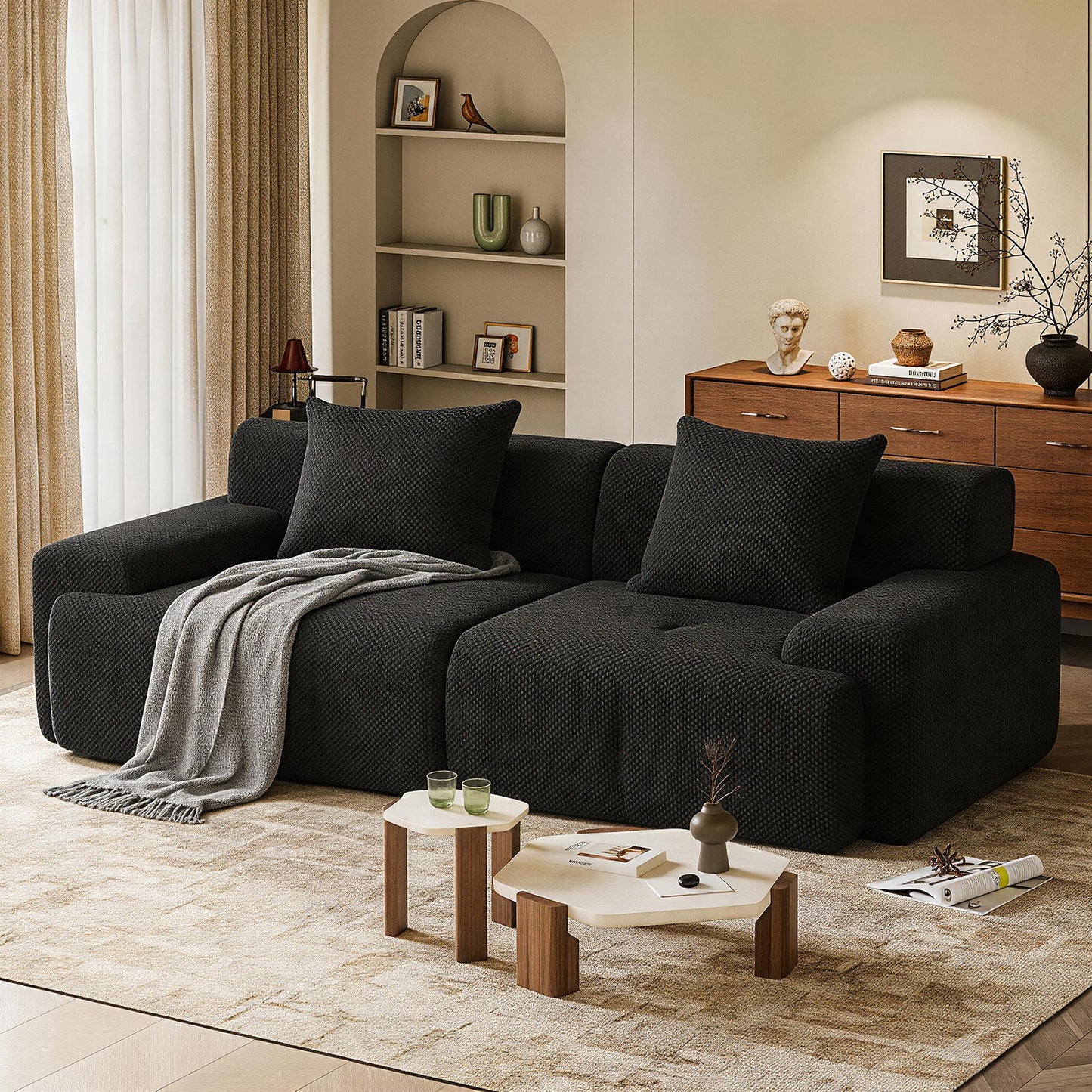 Loveseat Modular Sectional Sofa for Living Room, Comfy Tufted Cloud Floor Couch with 2 Pillows, Boneless Conversion Sofa for Small Spaces
