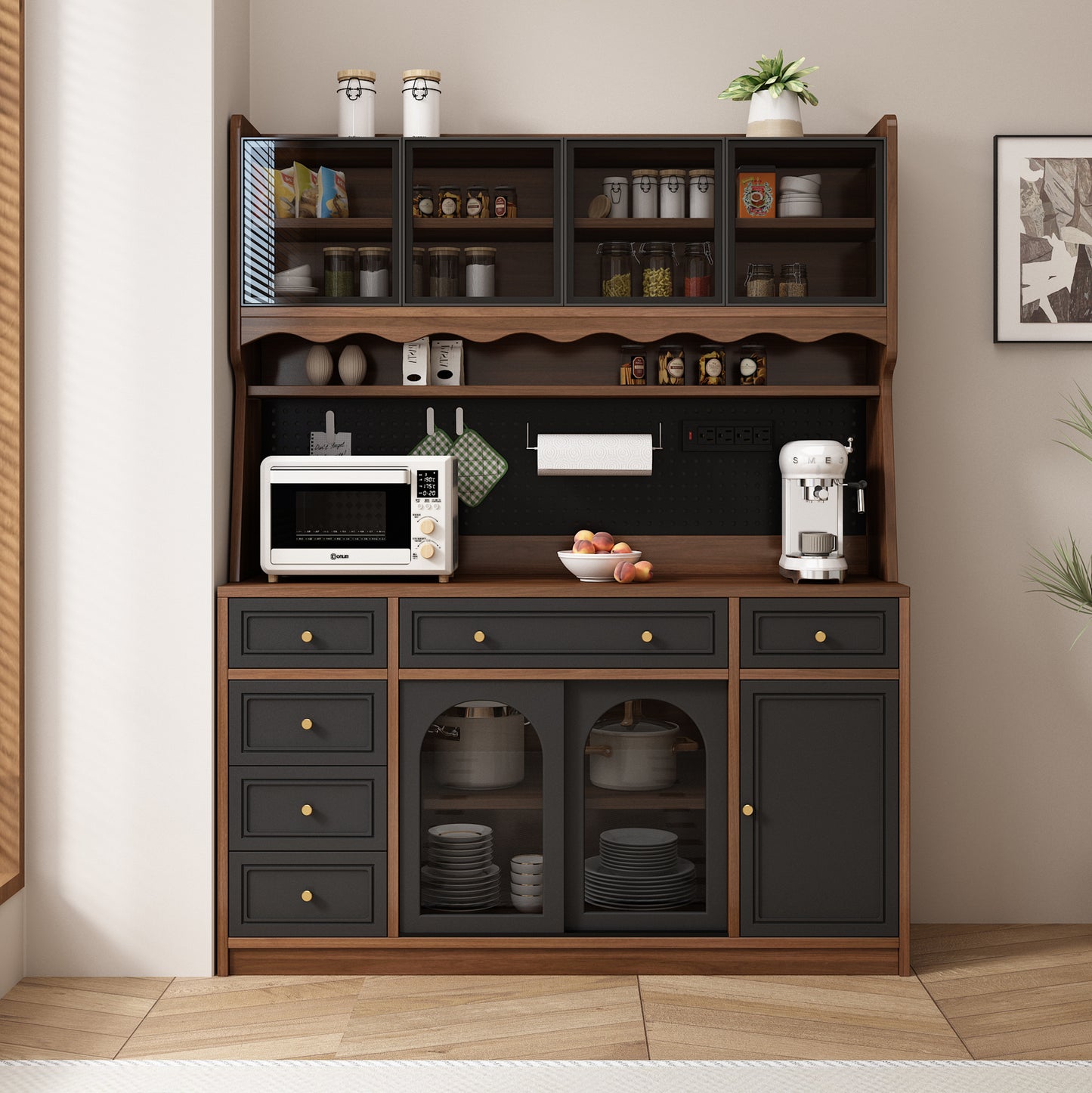 Freestanding 63'' W Buffet Storage Cabinet with Hutch,Large Coffee Bar with 6 Drawers,4 Cabinets with Adjustable Shelves,Pegboard, Power Outlet