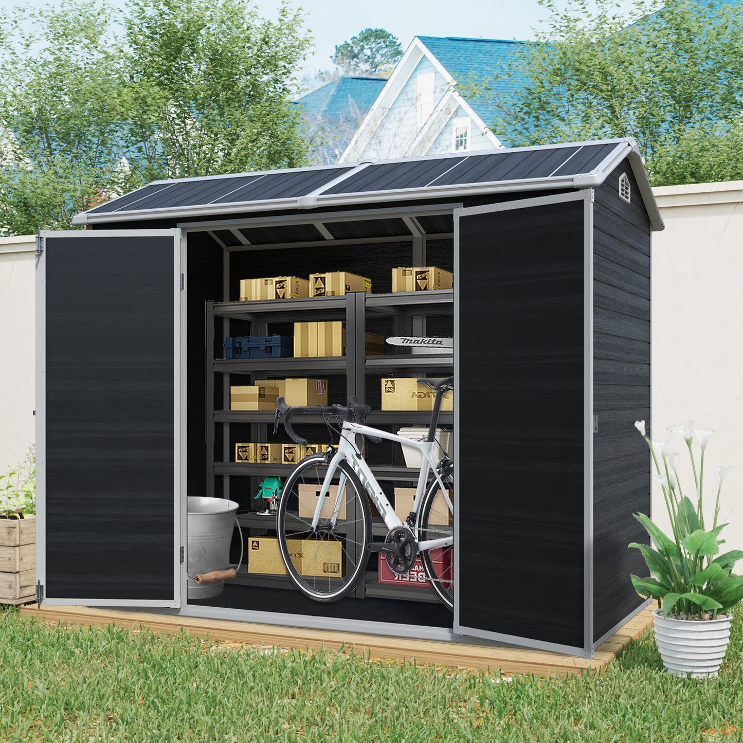 8 ft x 4 ft Outdoor Storage Shed with Two-Window and Double-Door, Plastic Shed with Floor for Gargen,Patio,Yard,Lawn,Black (W540S00046)(W540S00054)