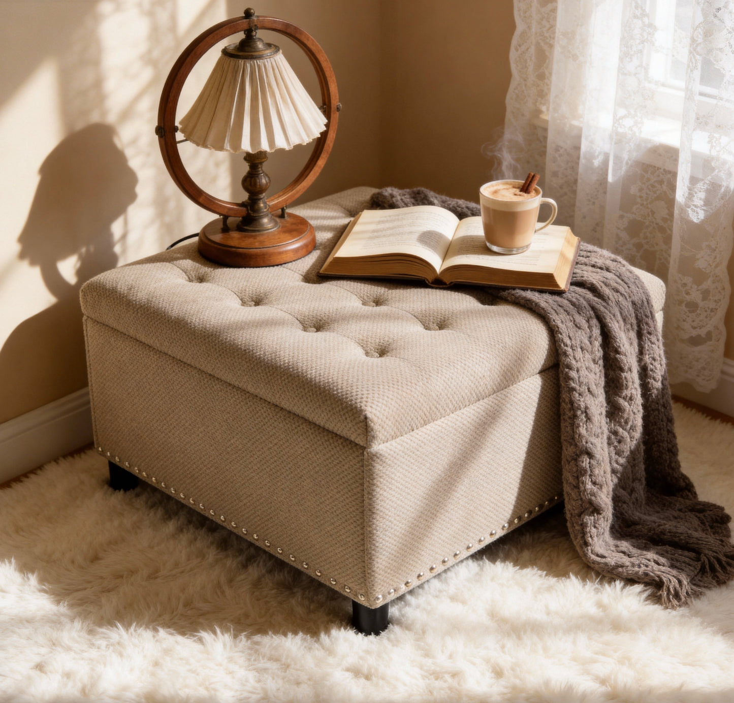 Storage Ottoman, Tufted Footstool, Nailhead Trim Ottoman, Square Storage Ottoman, Upholstered Coffee Table, Bedroom Storage, Living Room Accent, Camel Ottoman, Small Space Furniture, Home Decor.