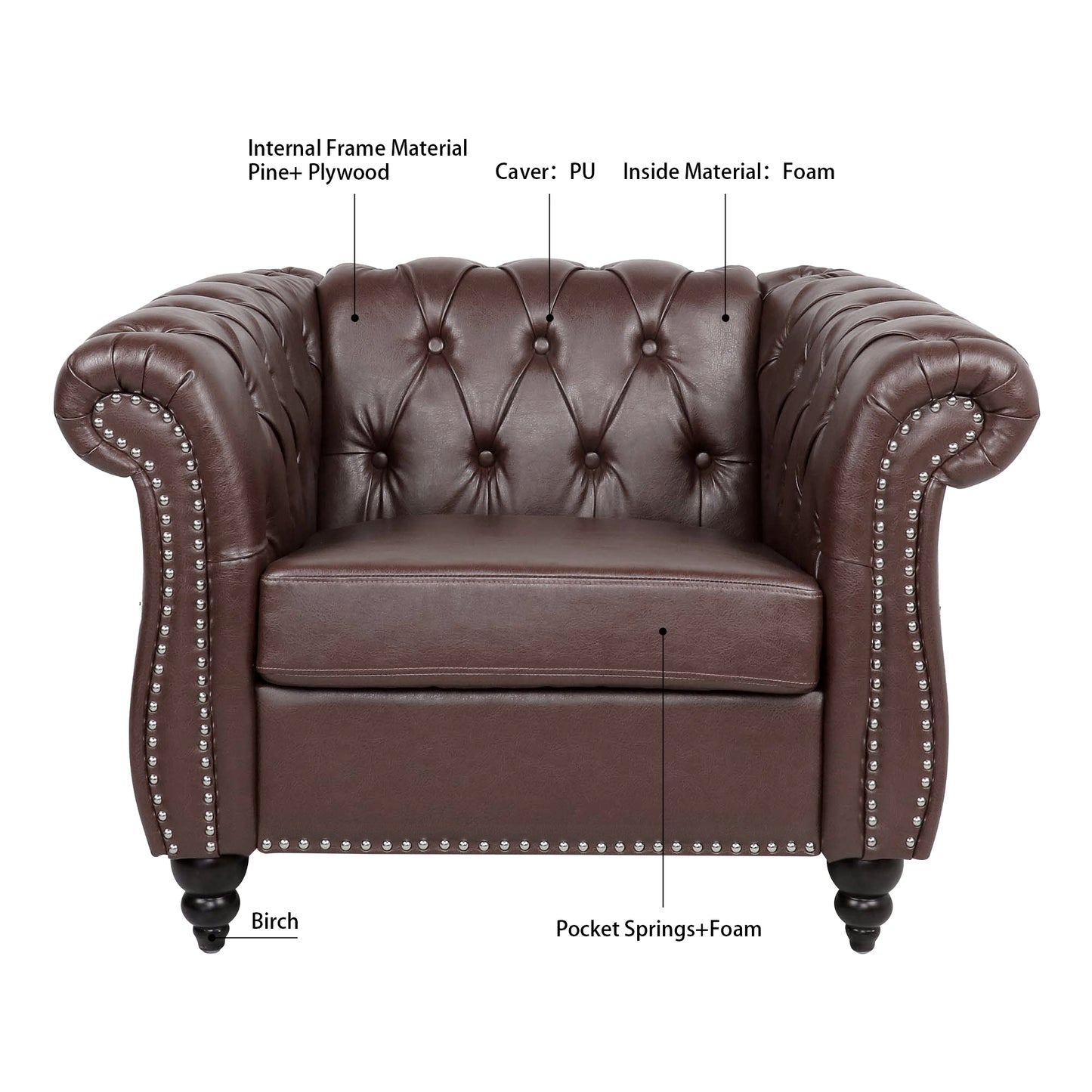 Dark Brown PU Leather 1 Seater Sofa - Living Room Accent