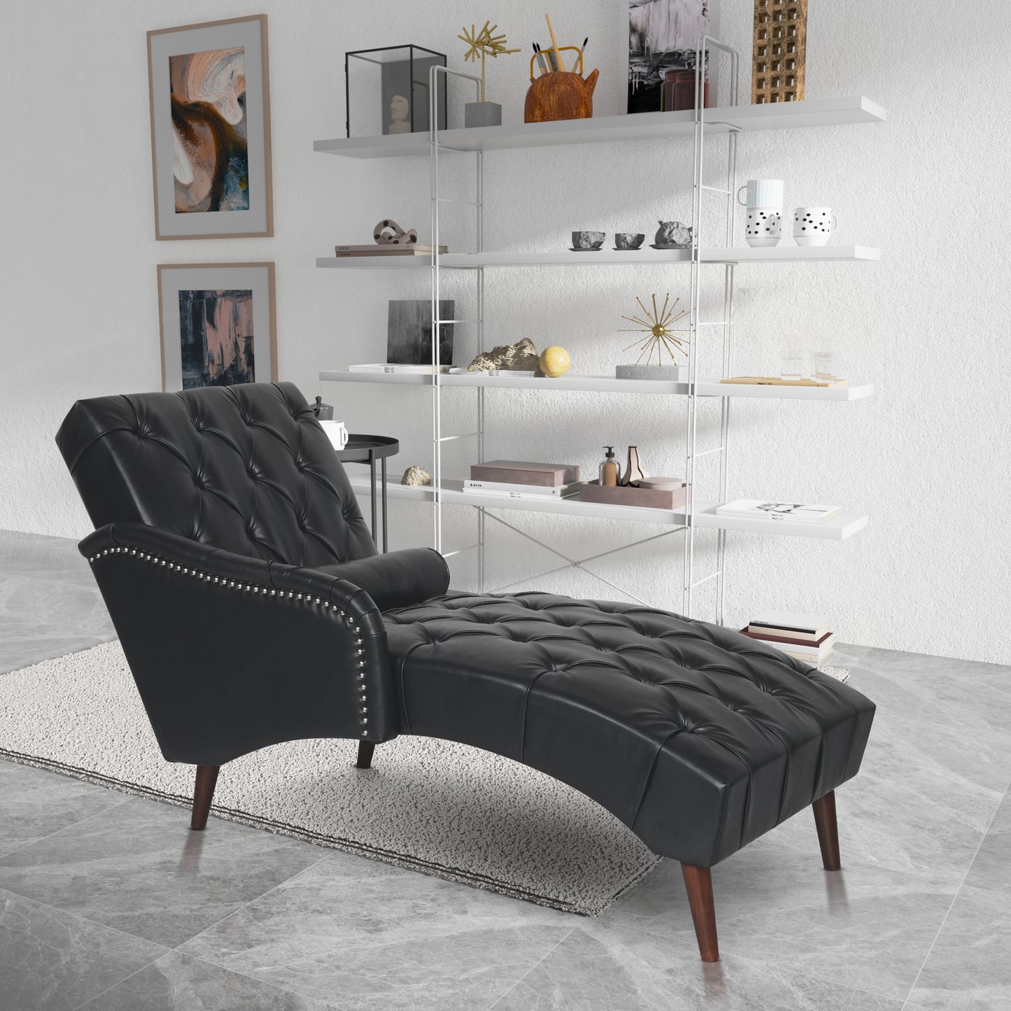 Chaise Lounge Arm Chair Indoor with Pillow and Solid Wood Legs, Leisure Accent Soft Chair with Tufted Back and Arm,Upholstered Chaise Couch Chair for Living Room, Bedroom,Black PU