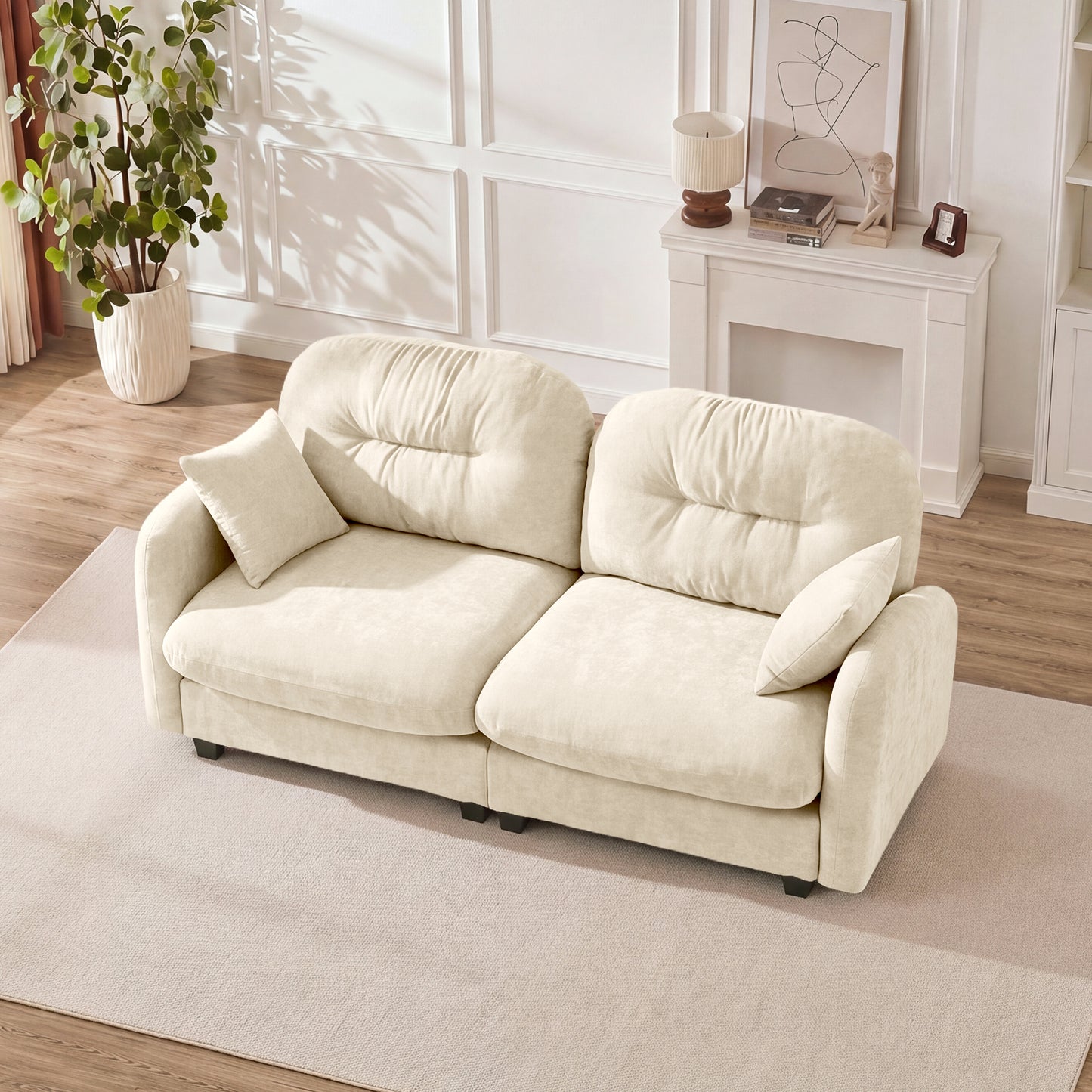 Loveseat Cloud Sectional Couches Chenille Fabric, Quilted Pleated Design, Ergonomic Design, High-Density Foam Easy Install Elegant Armrests High Quality Wooden Base,Fits Living Rooms,Beige