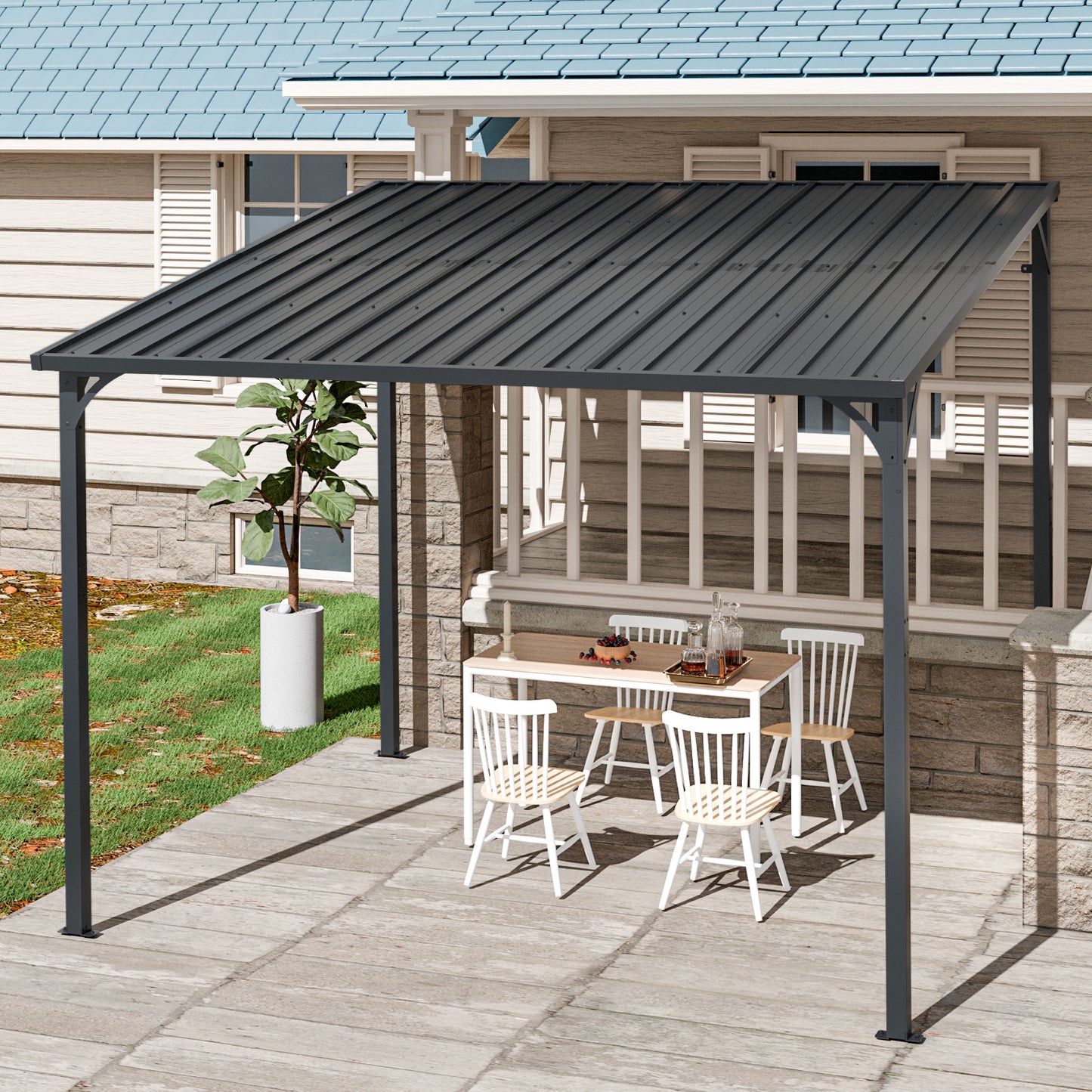 8 x 10 Wall-Mounted Metal Outdoor Pergola with Waterproof Inclined Roof for Patio or Garden