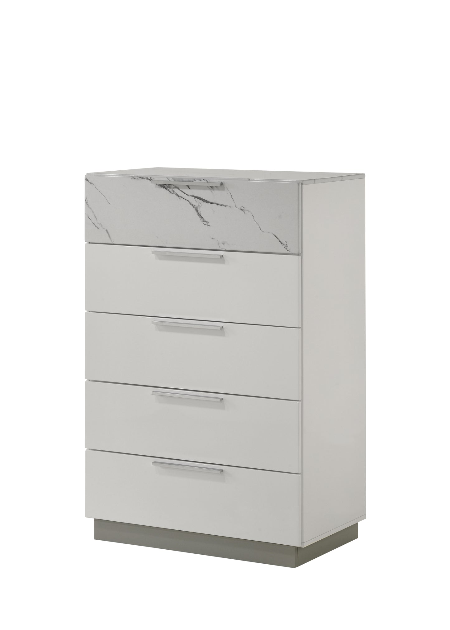 Mist Chest White – Two-Tone High-Gloss Marble & Lacquer Finish with Five Smooth-Glide Drawers, Velvet-Lined Top Drawer
