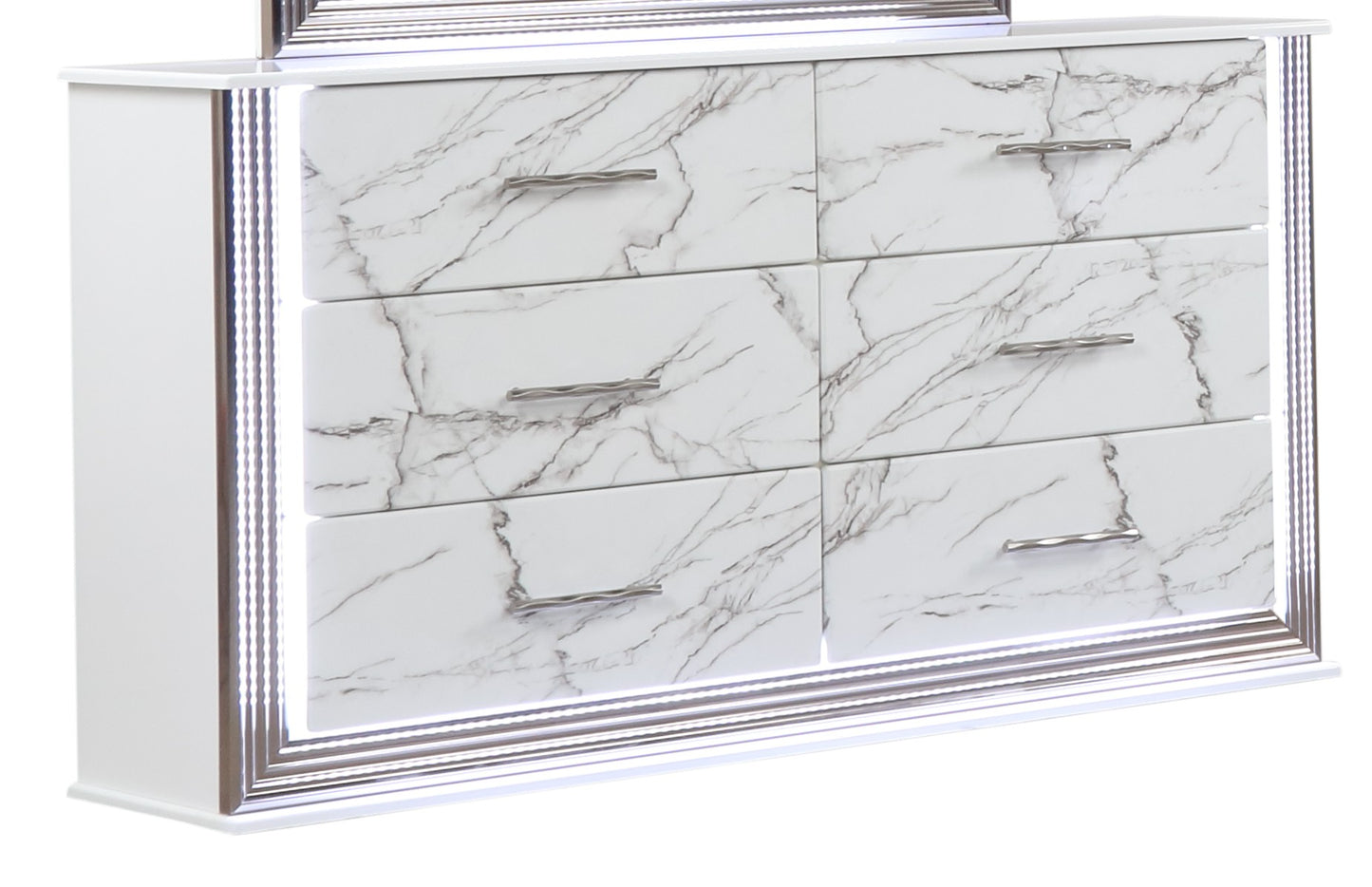 Desire Dresser Marble Patterned Drawer Fronts with Sleek White Finish, Metallic Handle and Six Spacious Drawers for Elegant Bedroom Storage (INCLUDES ONLY DRESSER)