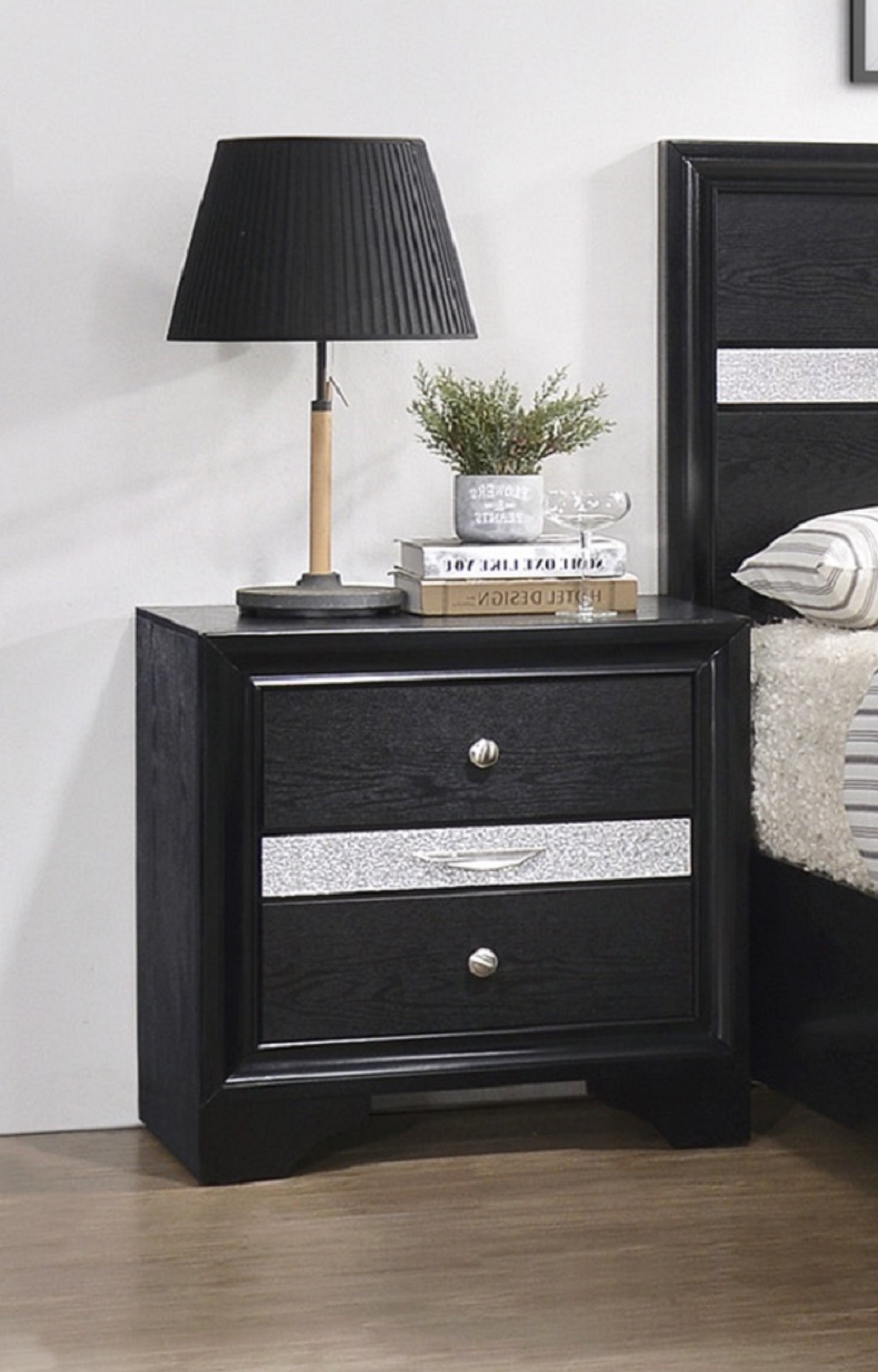 Modern Luxury 1pc Glam 2-Drawer Nightstand End Table Pullout Jeweler Tray Silver Panel Bedroom Solid Wood Wooden Furniture