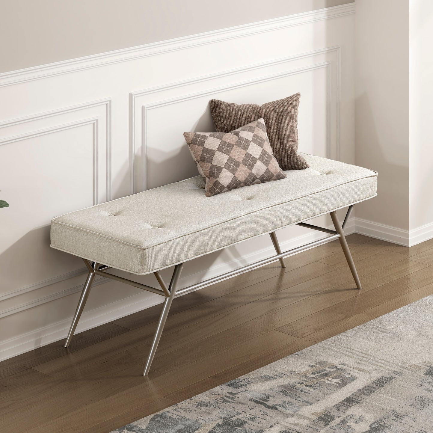 Contemporary Upholstered Bench Beige Tufted Seat Plush Comfort Home Furniture 1pc Entryway Bench Metal Legs Champagne Finish