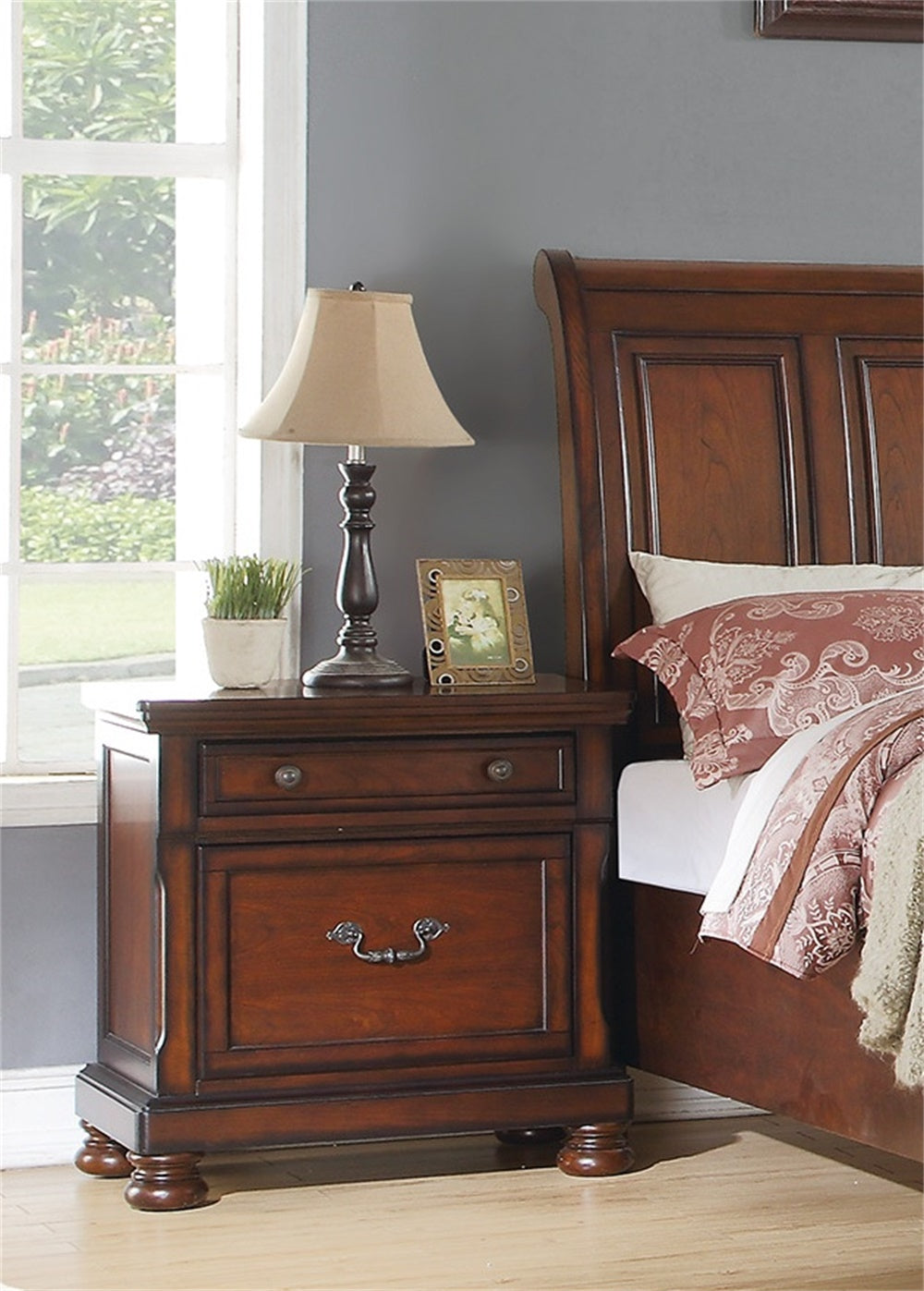 Rubber Wood 2 Drawers Nightstand in Antique Cherry Finish