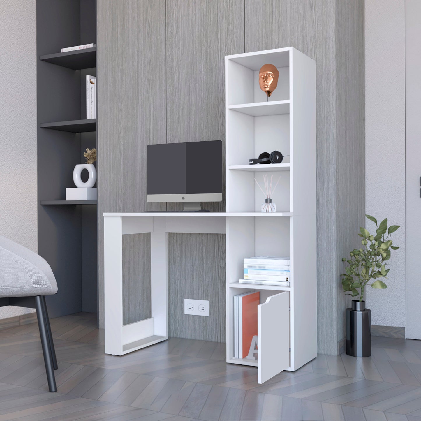White Engineered Wood Workspace Desk with Integrated Bookcase Storage