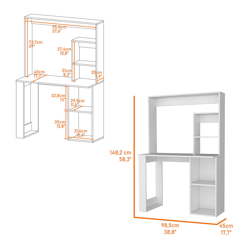 White Engineered Wood Computer Desk with Hutch for Office Storage