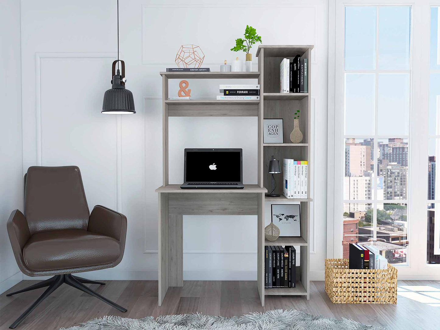 Light Grey 6-Shelf Writing Desk with Built-in Bookcase