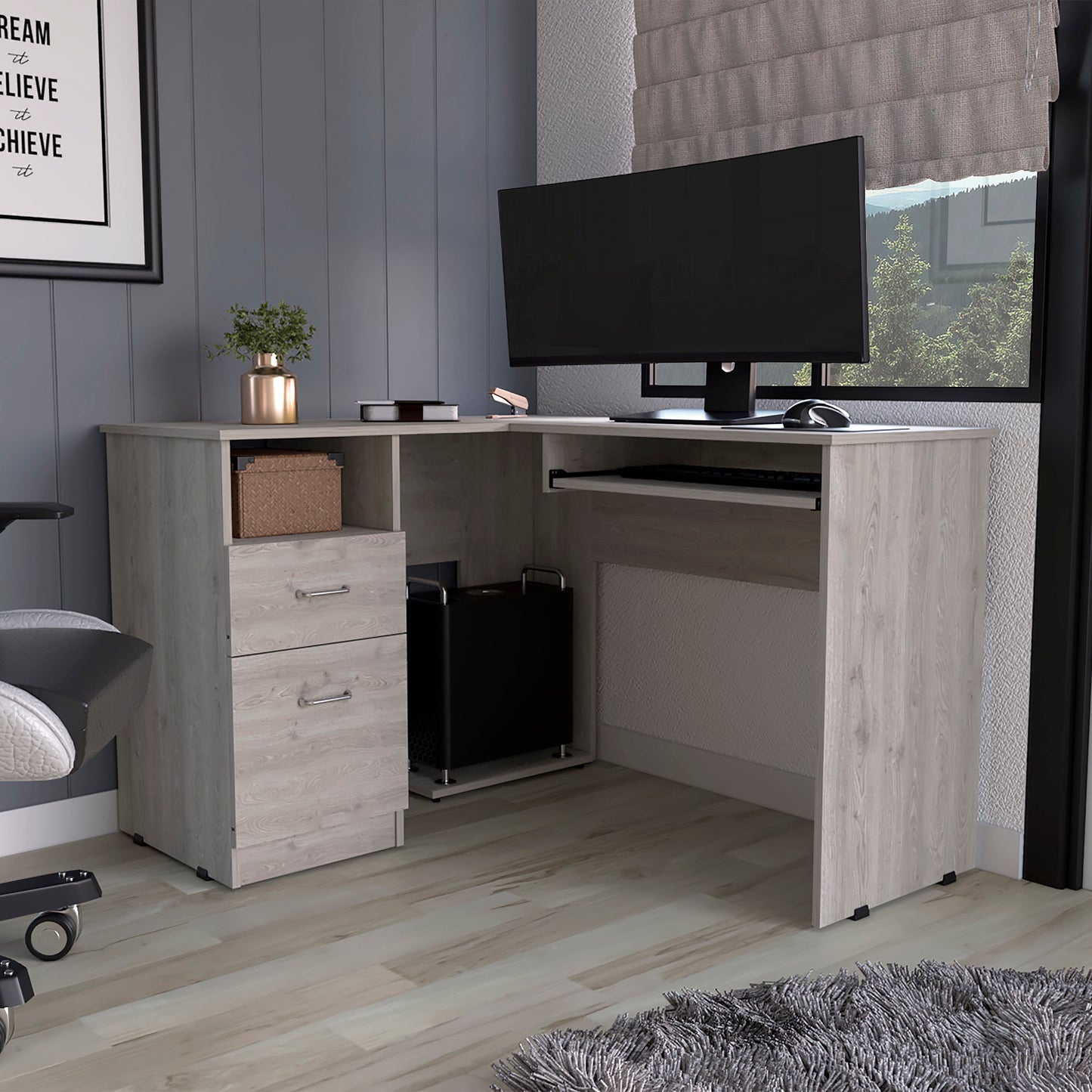 Light Grey 2-Drawer 1-Shelf L-Shaped Computer Desk