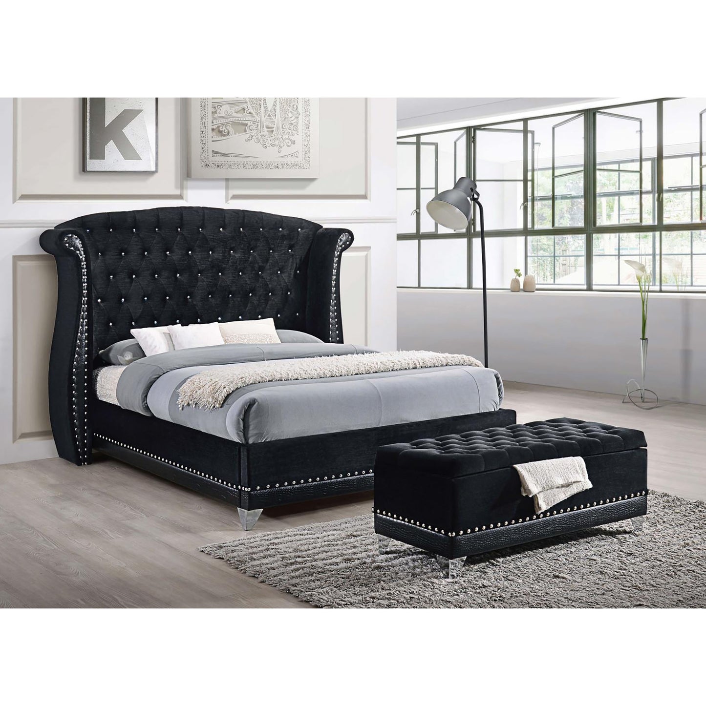 Black Velvet Tufted Storage Bench with Metallic Legs for Bedroom