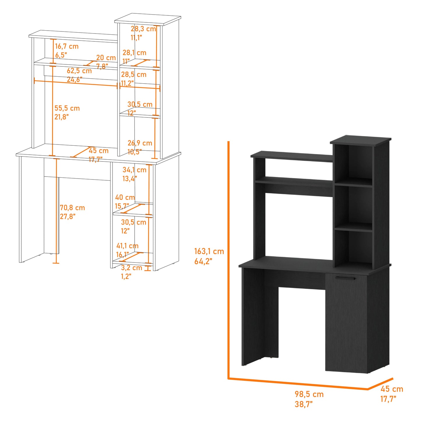 Wenge 3-Tier Storage Shelves Computer Desk - Office Desk