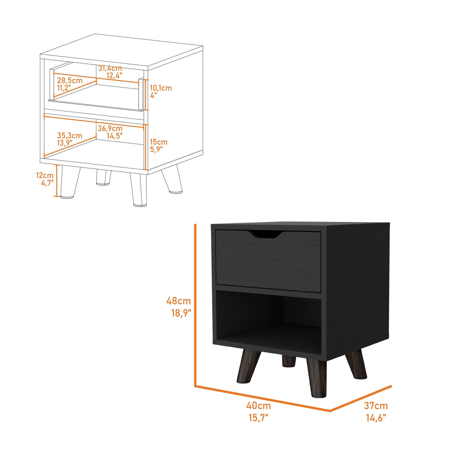 Wenge 1-Open Storage Shelf Nightstand - Black Finish