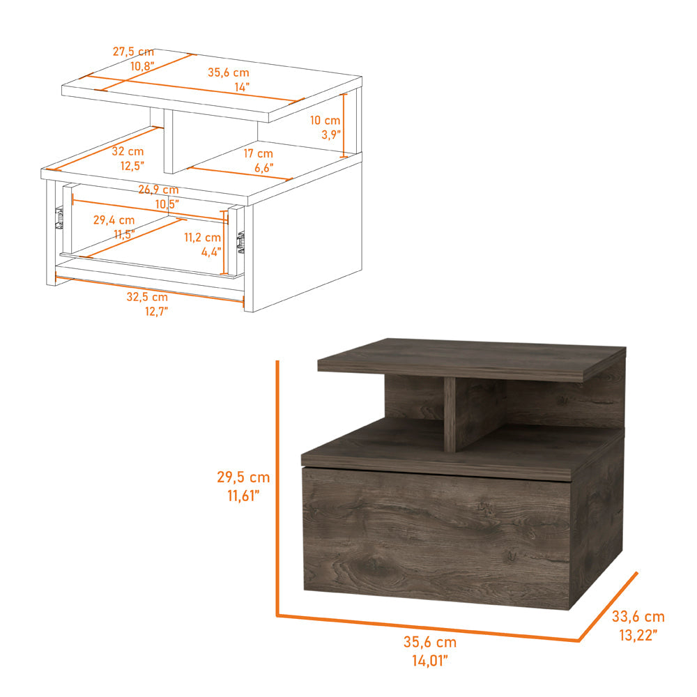 Walnut Floating Nightstand with 1 Drawer for Bedroom