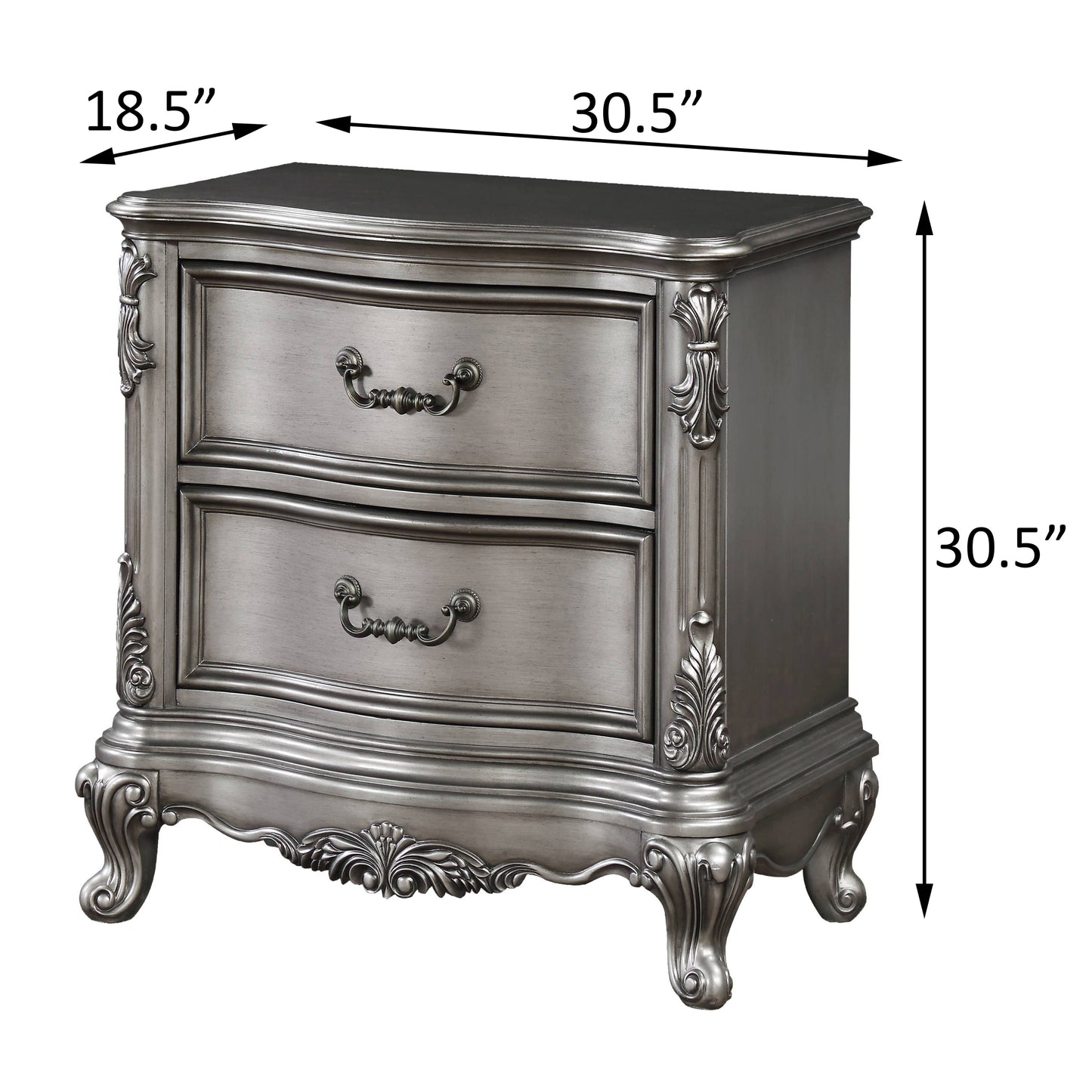 Antique Gray Rectangle Nightstand with 2 Drawers for Bedroom