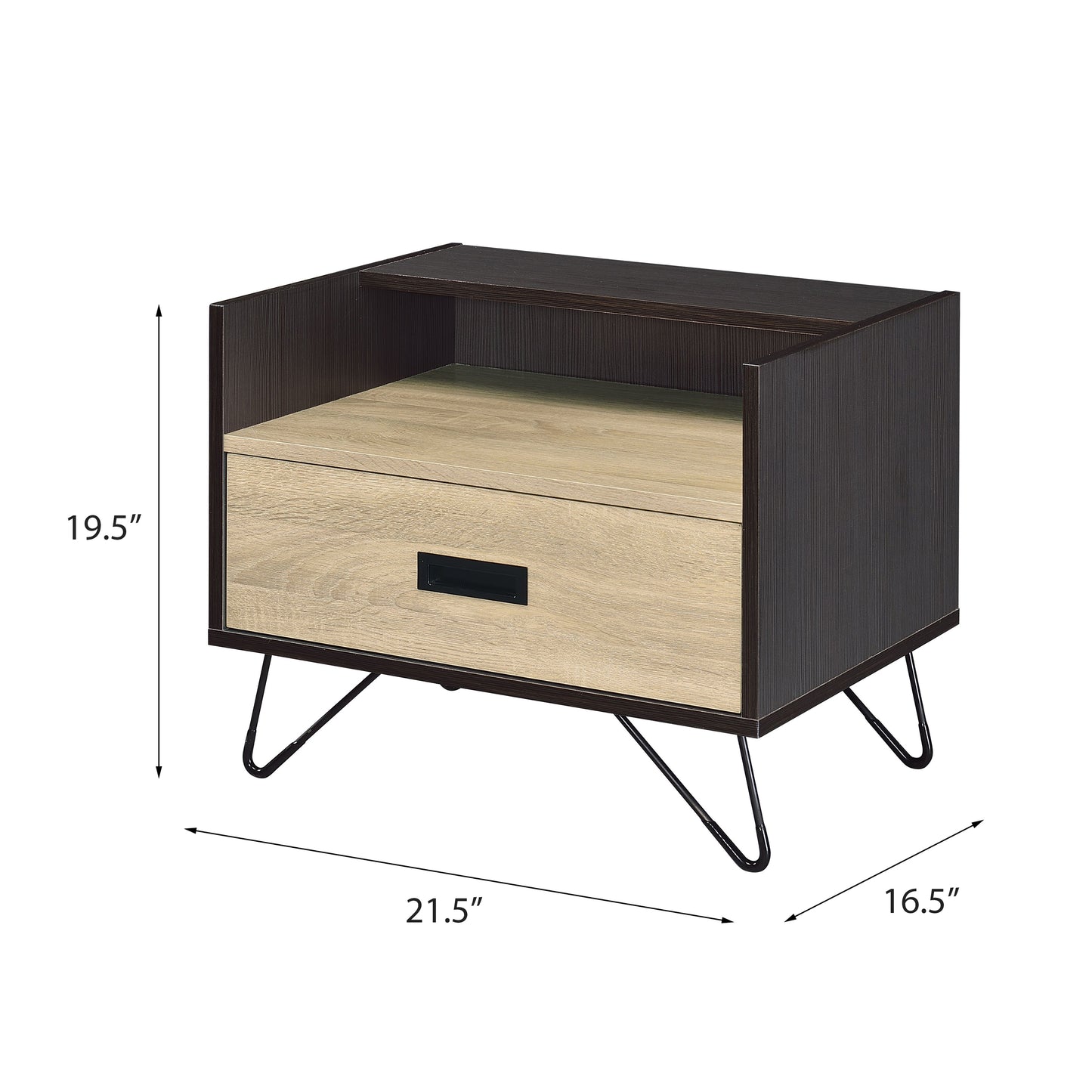 Black Brown Oak Nightstand with One Drawer