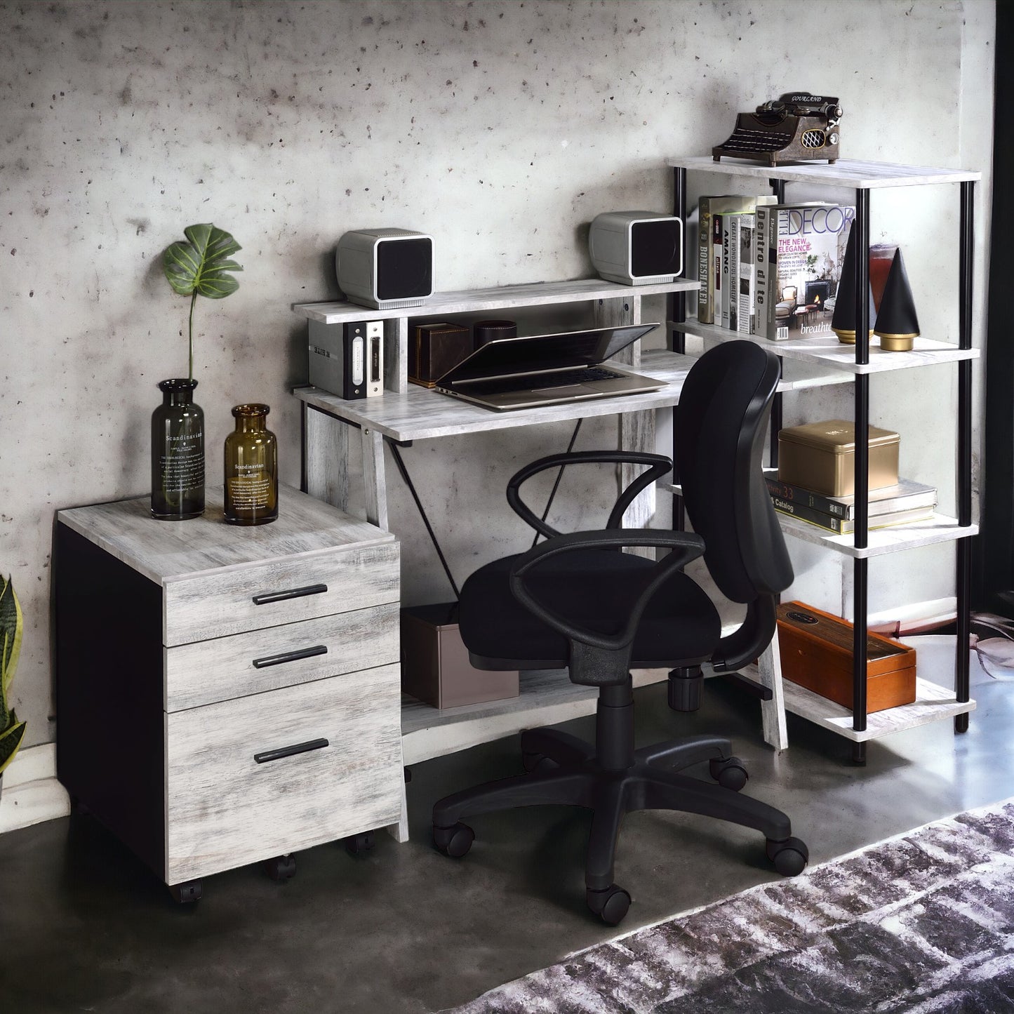 Modern Black Grey Wood Metal Desk with Storage Shelves for Office