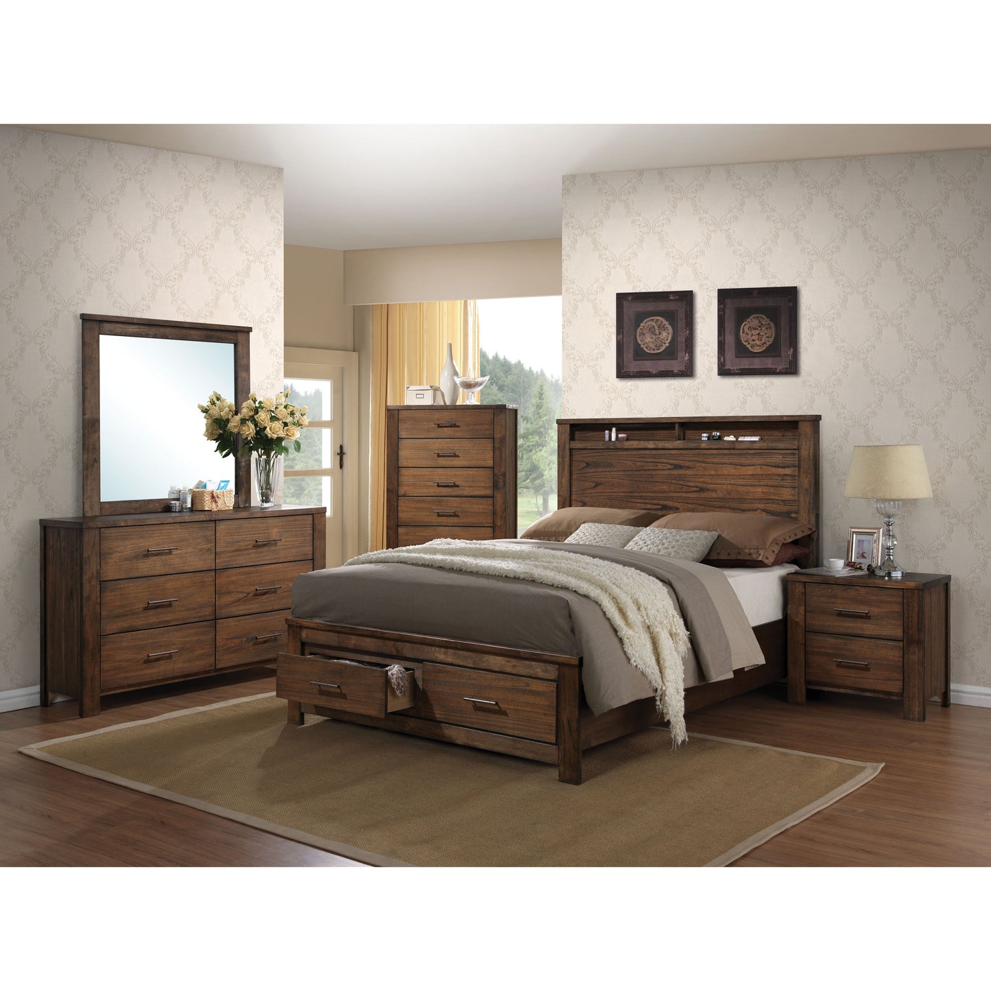 Vintage Oak Rubberwood Nightstand with Two Drawers for Bedroom Storage