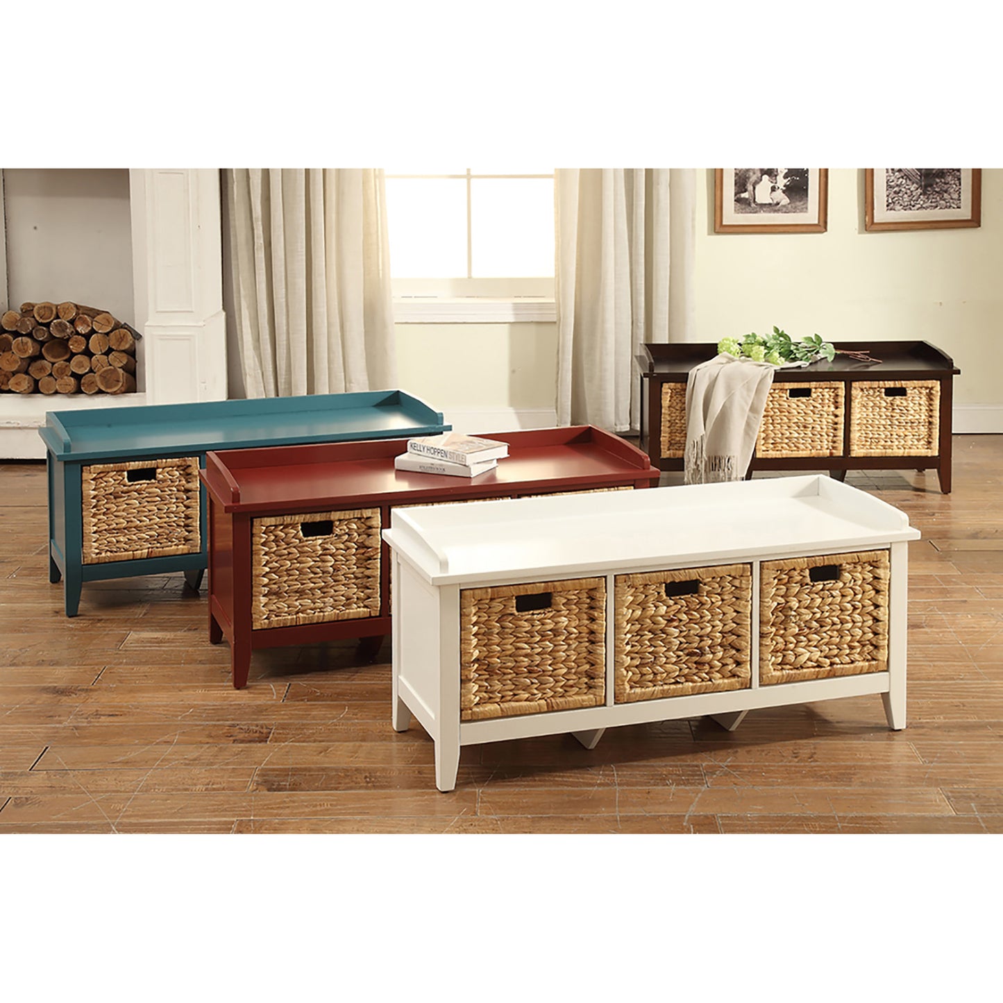 Teal Wood Bench with 3 Drawers - Bedroom Storage