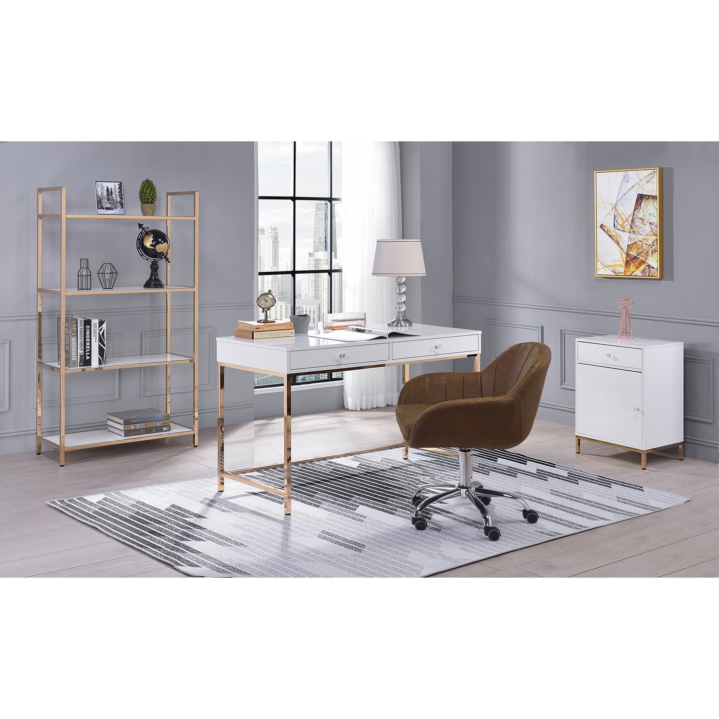 White Gold Writing Desk - Rectangular Office Desk with Drawers