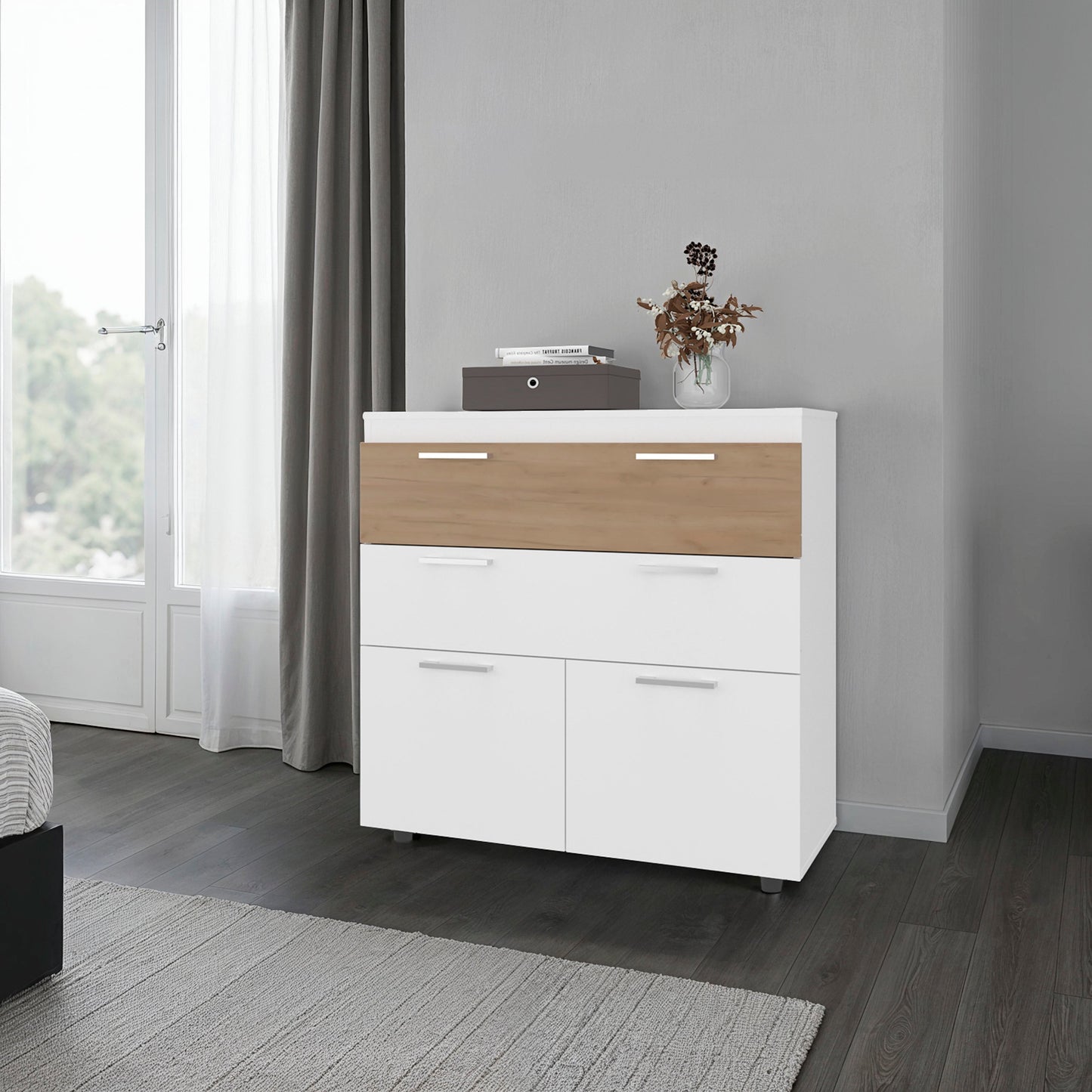 White and Natural Oak Storage Cabinet with Drawers