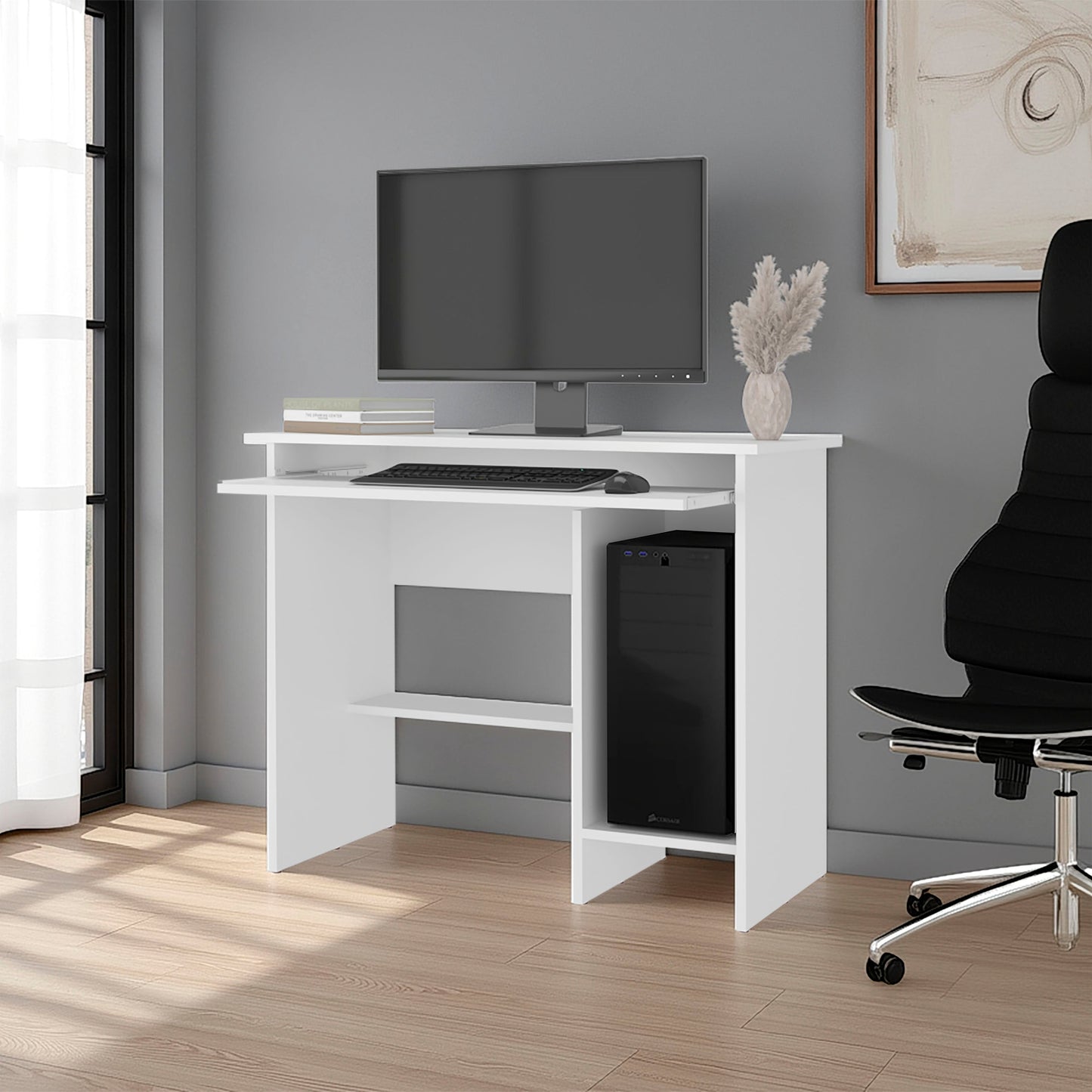 White Computer Desk with Open Storage
