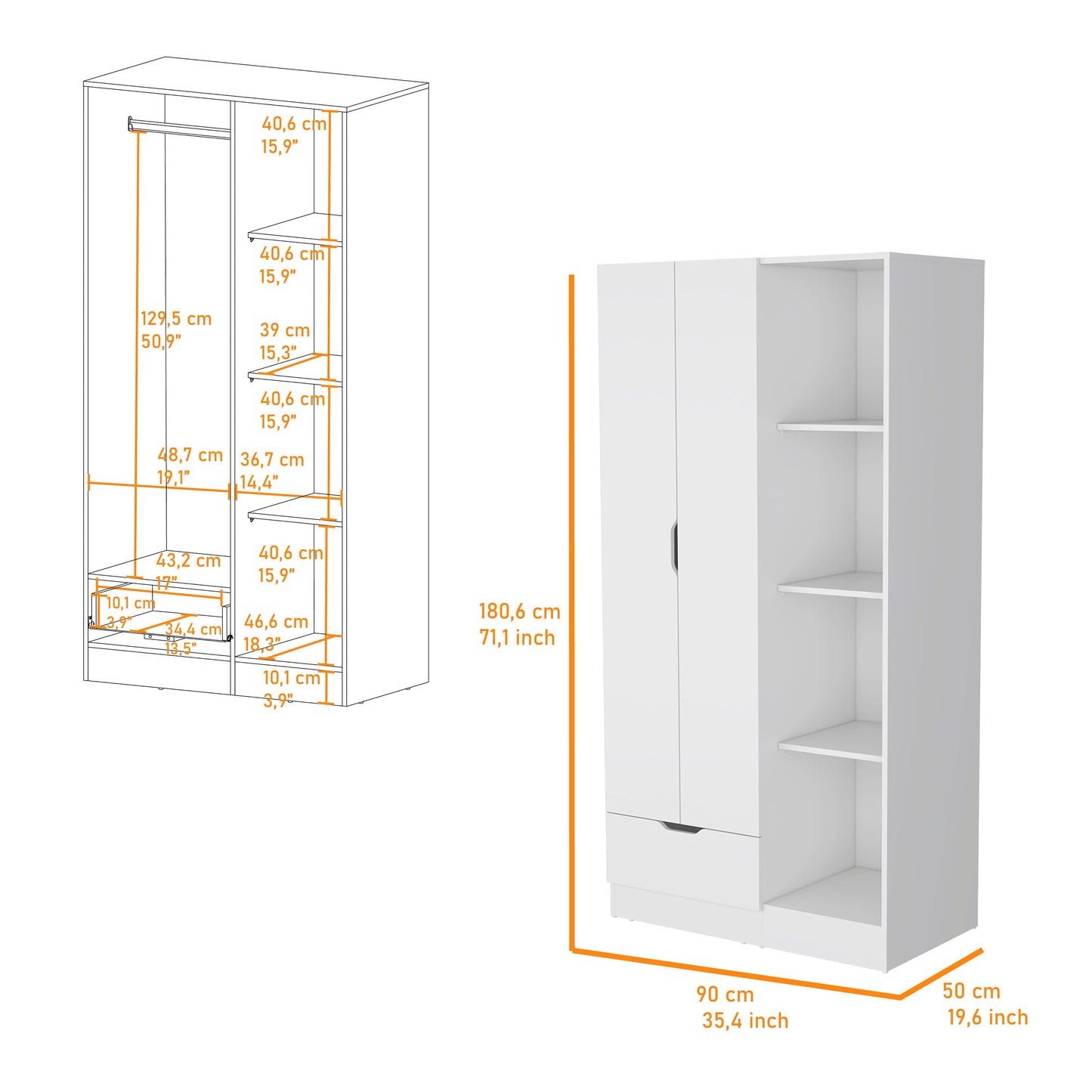 White Engineered Wood Wardrobe with Hanging Rod and Shelves for Bedroom