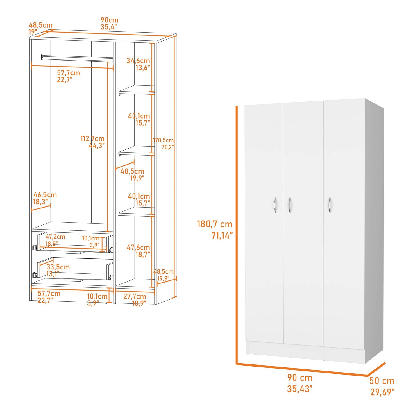White Engineered Wood Wardrobe with Drawers and Shelves for Bedroom