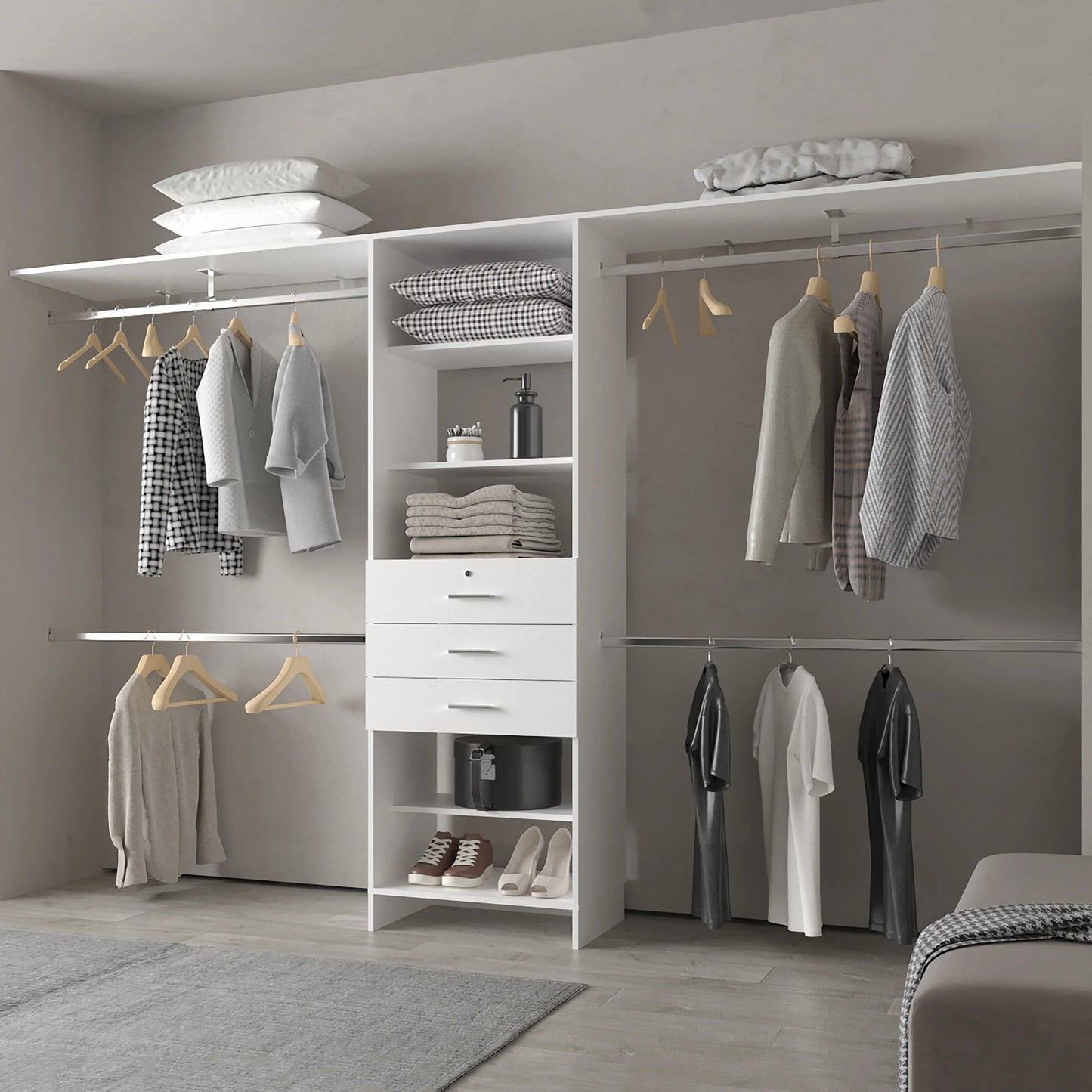 White Modular Closet Organizer System with Hanging Rods