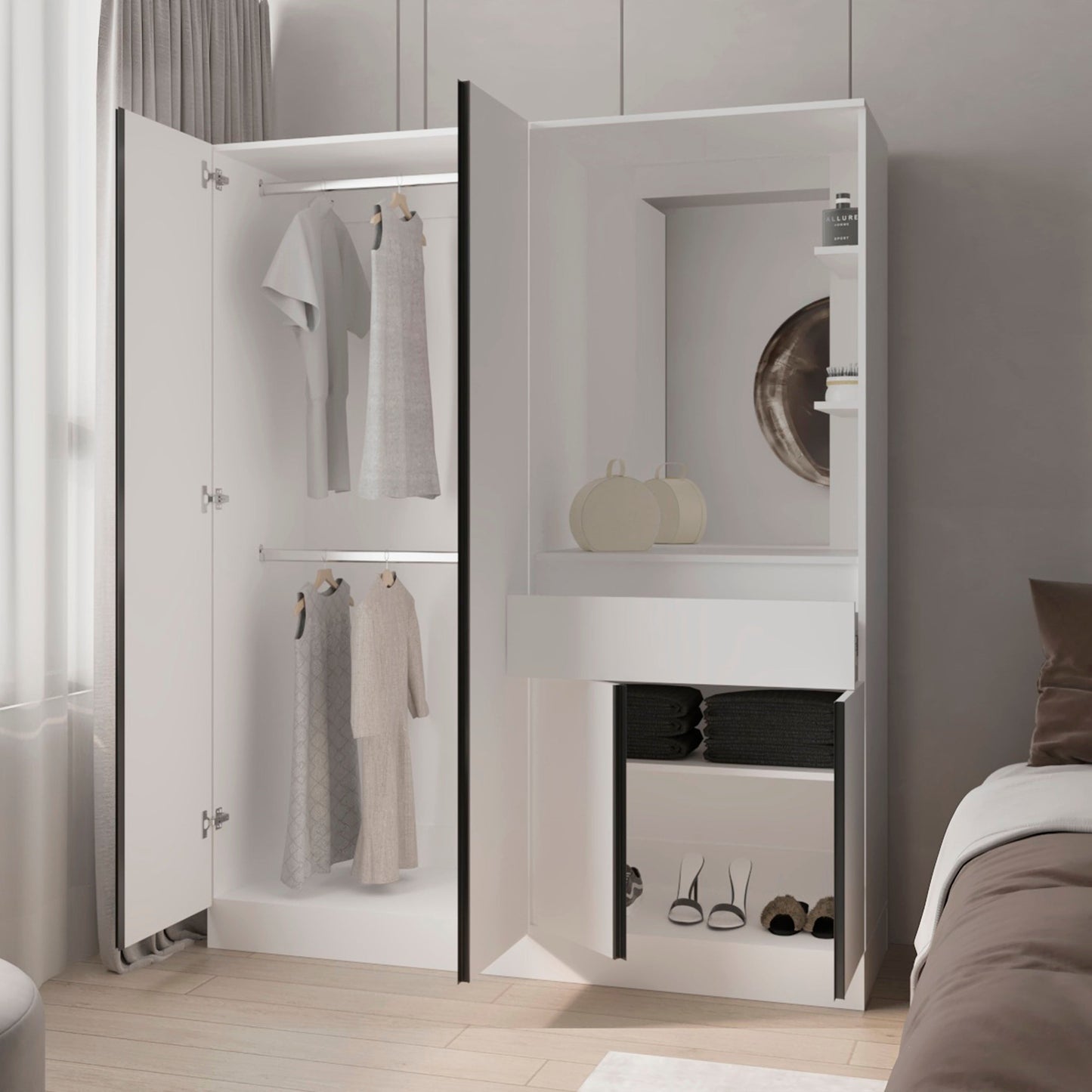 White Bedroom Dresser with Mirror & Storage