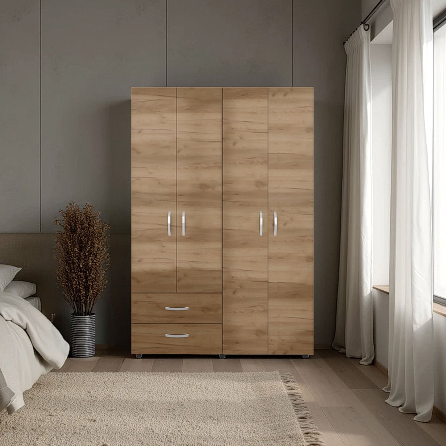 Natural Oak 2-Door Wardrobe with Shelf and Drawers